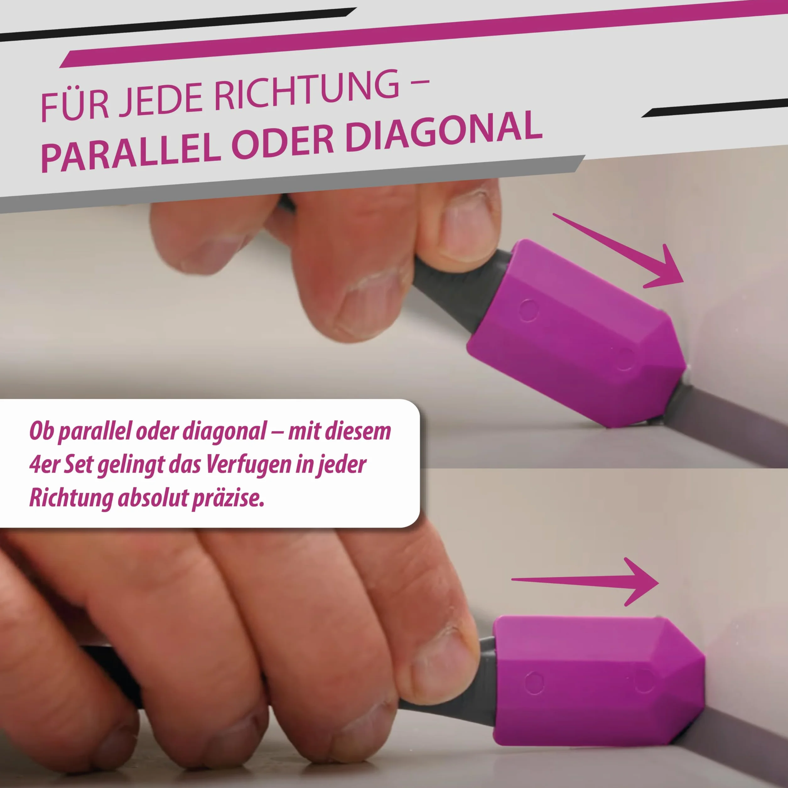 FUGENFUX® DIAGO 4-częściowy zestaw – wygładzanie fug | ściągacz do bardzo wąskich miejsc | 4 specjalne głowice do fug ukośnych i równoległych | Made in Germany | idealne do silikonu, akrylu i wielu
