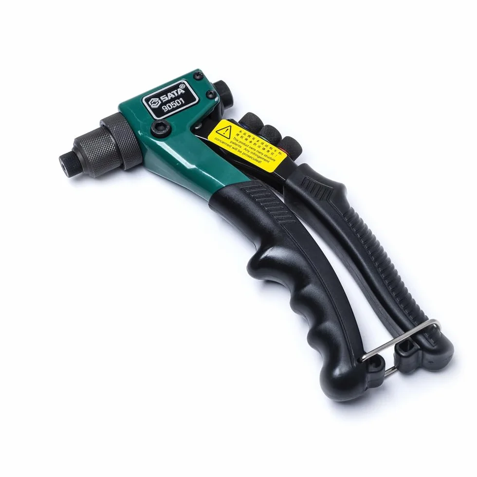 SATA ST90501SC 8-calowy pistolet do nitowania, z wytrzymałym stalowym korpusem i sprężynowym gumowym uchwytem, który automatycznie wysuwa trzpienie nitów