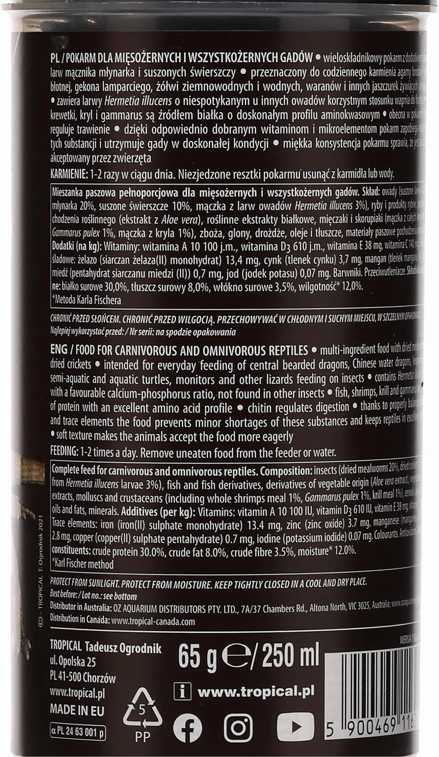 Tropical Pokarm dla mięsożernych i wszystkożernych gadów REPTILES CARNIVORE SOFT 250ml / 65g