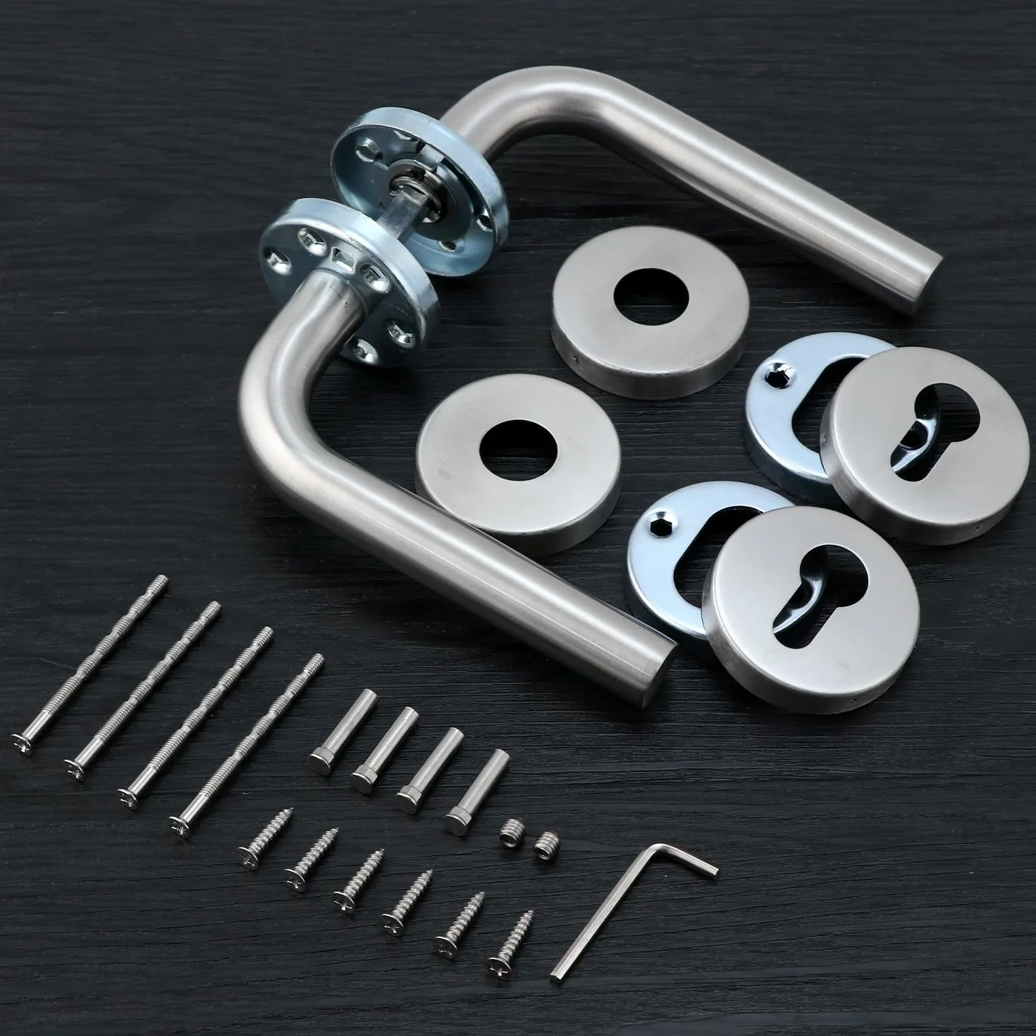QWORK® Zestaw klamek ze stali nierdzewnej do drzwi o grubości 35-62 mm, rozstaw śrub 45 mm - pasuje do bram ogrodowych, drzwi wejściowych, bocznych drzwi wejściowych