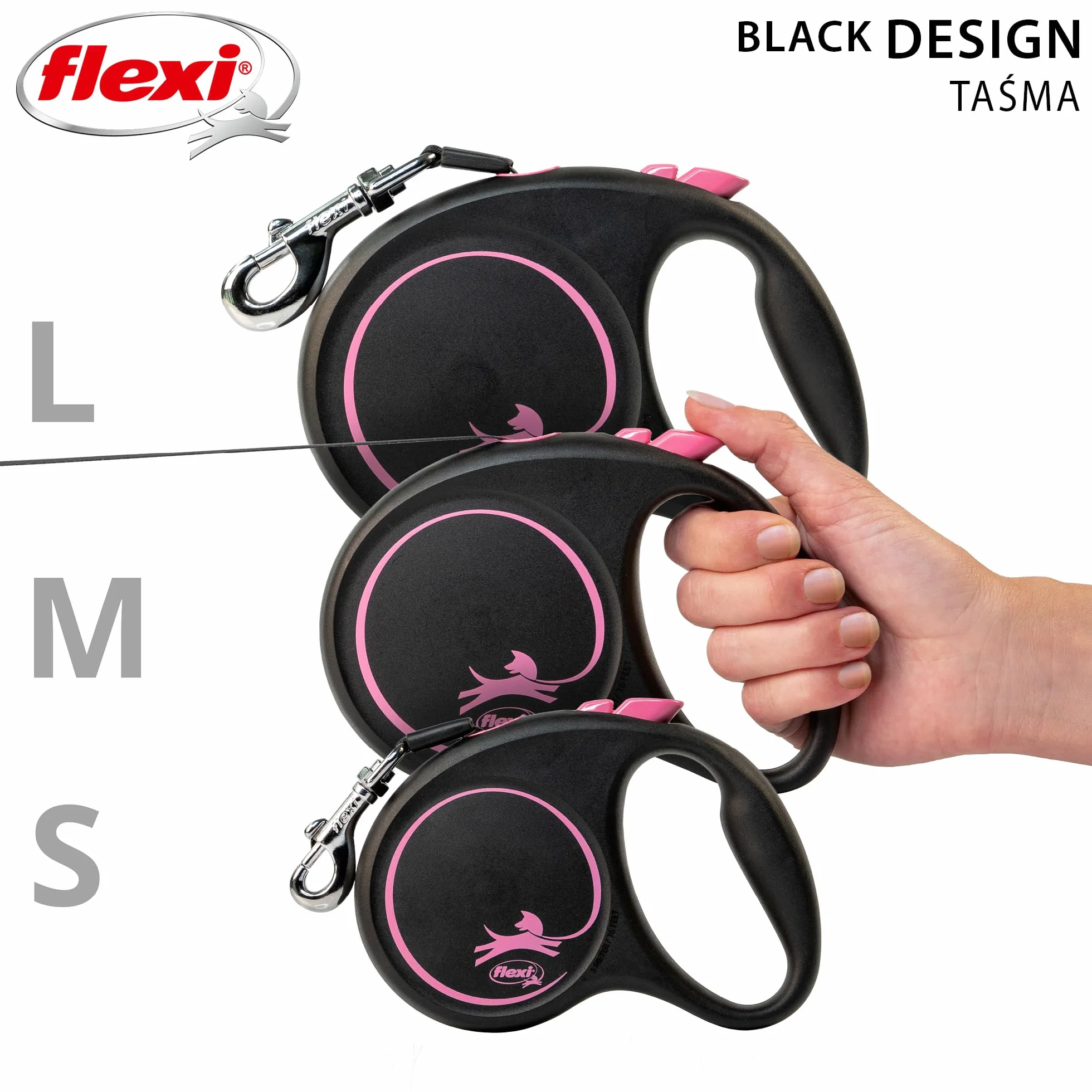 Flexi smycz automatyczna Black Design taśma S 5m różowa