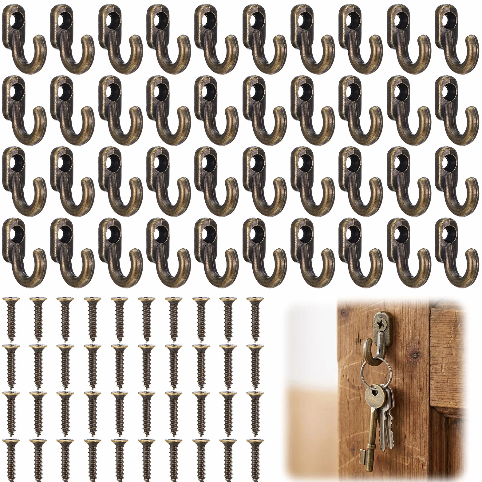40 sztuk mini haczyków do wkręcania, z brązu, małe haczyki na garderobę z 40 śrubami, antyczne, haczyki na klucze, do biżuterii, ręczników, łazienki, kuchni, 16 x 13 mm