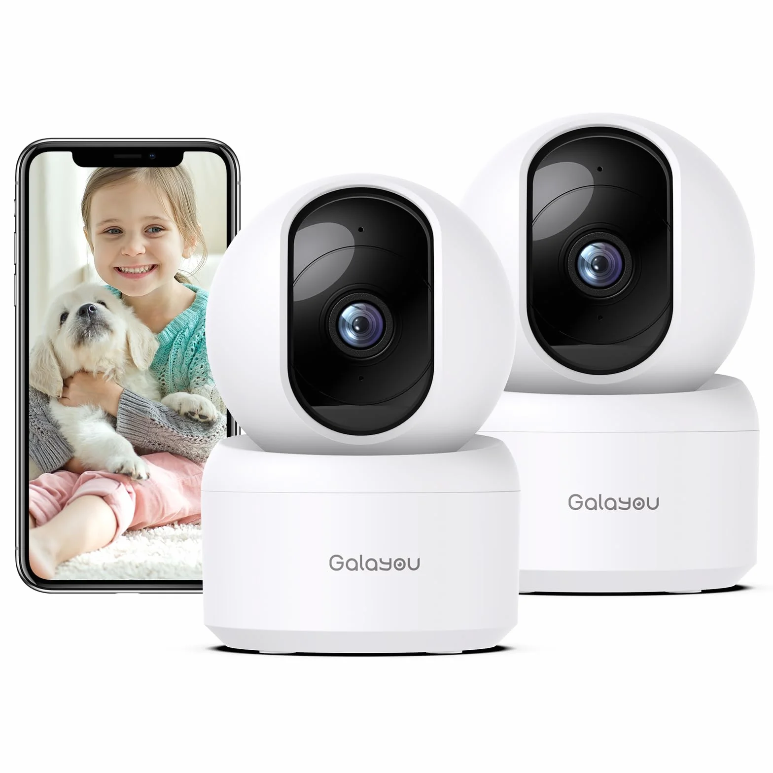 GALAYOU Kamera 2K WiFi dla zwierząt domowych, do użytku domowego, dla psa, kota, monitorowania dziecka, bezprzewodowa 360°, śledzenie ruchu, noktowizor, 2-drożny dźwięk, G2 (2P)