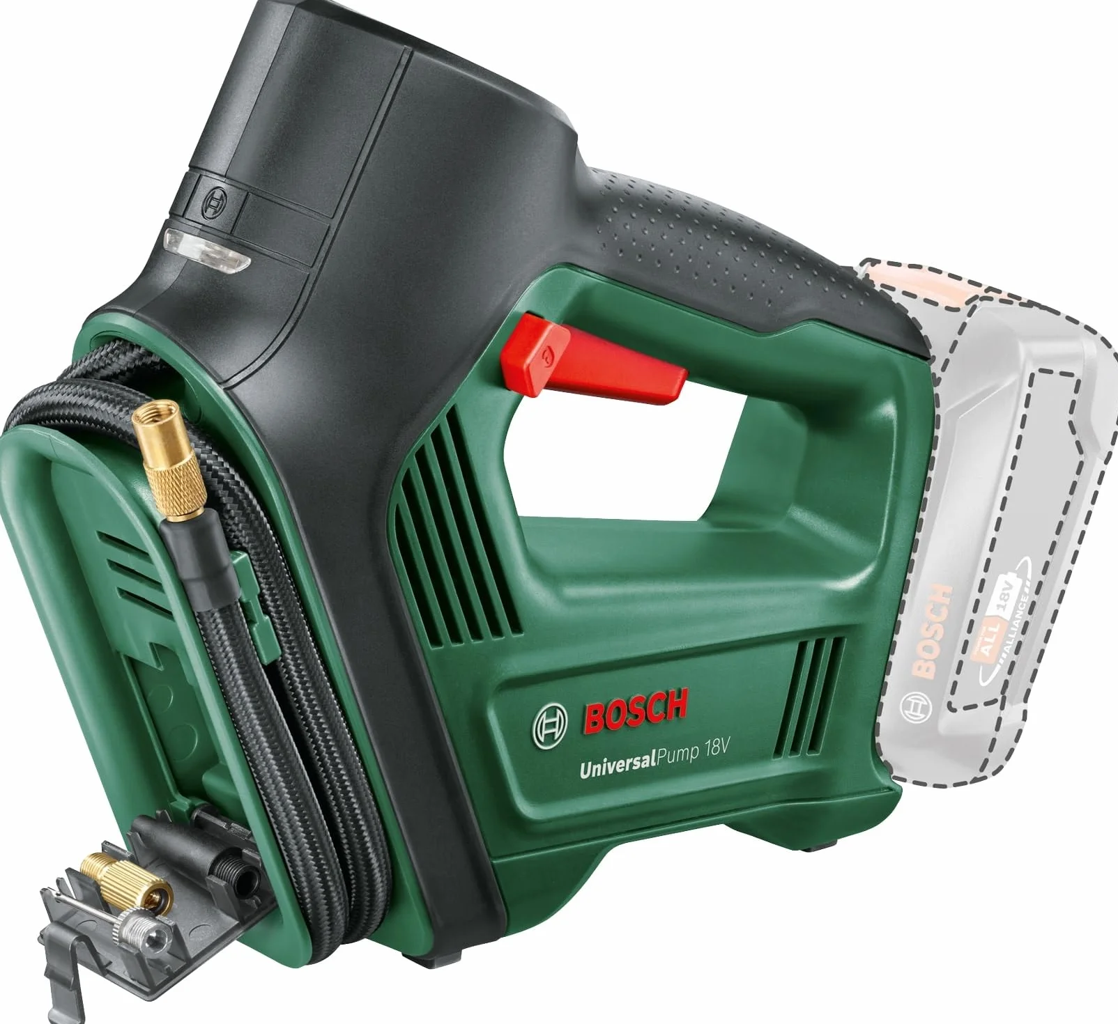 Bosch - Pompa powietrza/sprężarka powietrza 18V (bez akumulatora, system 18V, do opon samochodowych, motocyklowych i rowerowych, 150 PSI, 10.3 bar, opakowanie kartonowe)