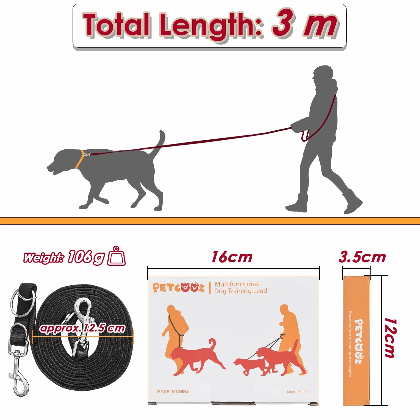 Smycz regulowana podwójna 3 m do 30 kg dla psa