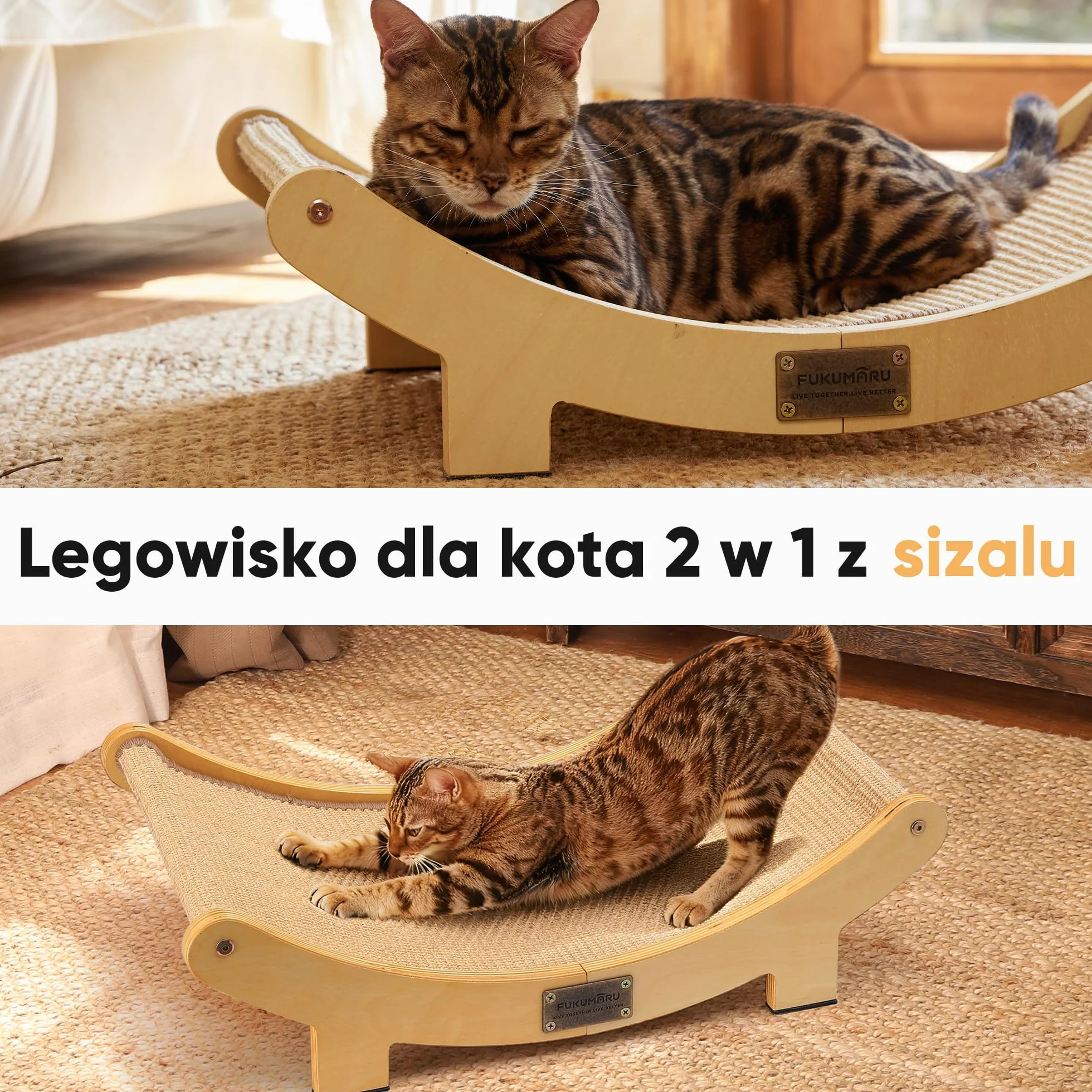 FUKUMARU Legowisko do drapania dla kota, 60 cm Trwałe łóżko do drapania dla kotów do użytku wewnętrznego, 100% naturalny hamak sizalowy, rama z litego drewna do spania i ozdabiania paznokci (beżowy)
