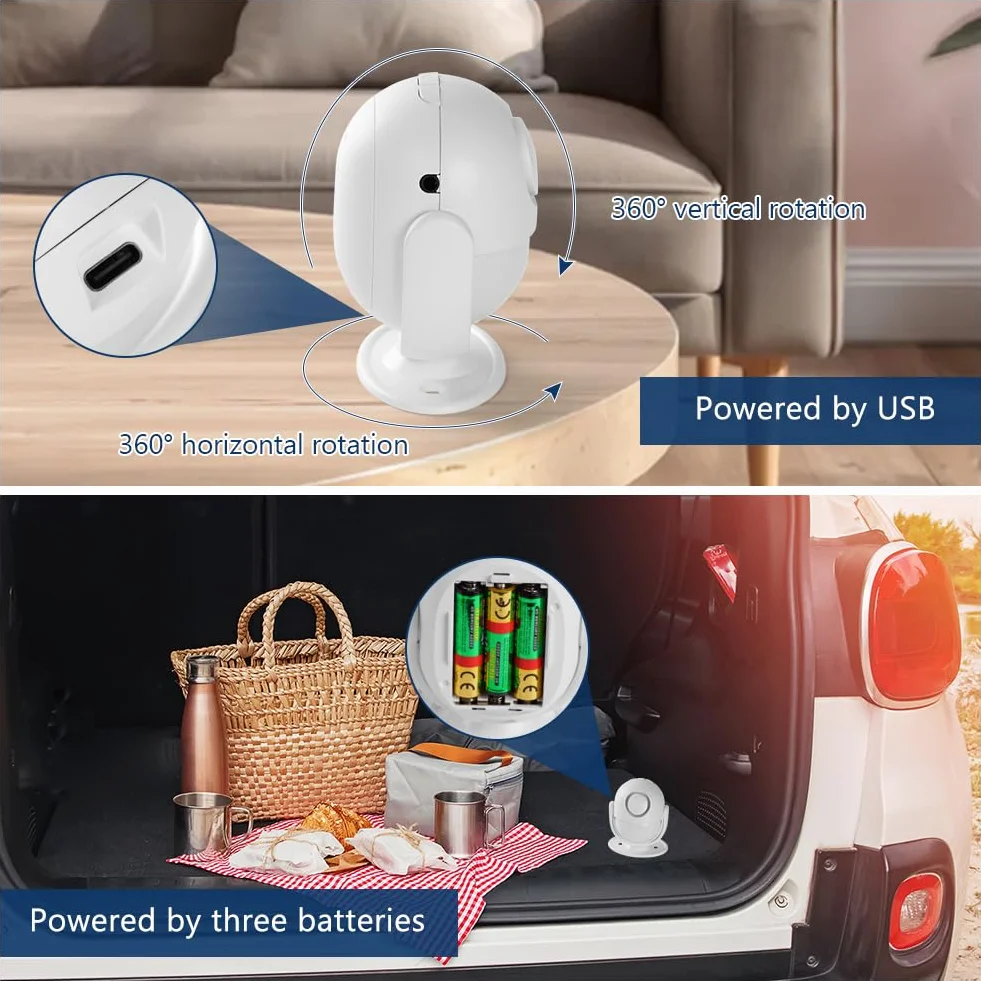 AXFEE Czujnik ruchu alarmowego 125 dB, zasięg detekcji 8 m do 360 , bezprzewodowy system antywłamaniowy do domu z pilotem zdalnego sterowania, syrenka alarmowa obwodowa, do użytku w domu, garażu
