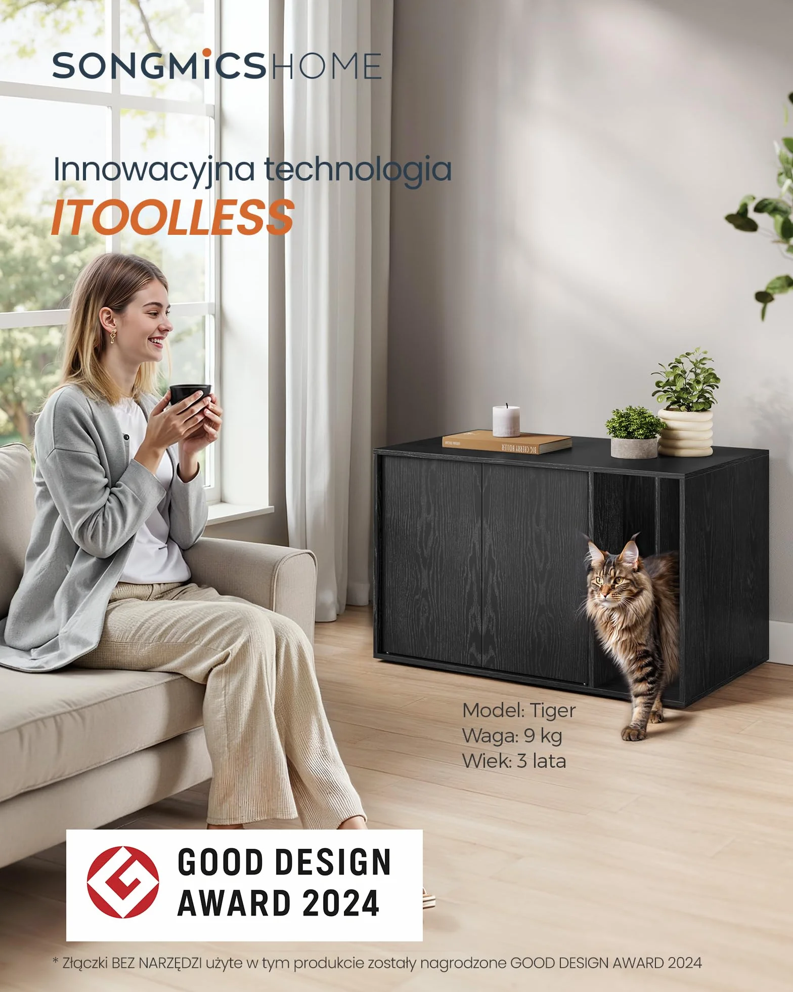 SONGMICS HOME Szafka na kuwety dla kota, ultraszybki montaż bez użycia narzędzi, ociekacz dla dużych kotów, drzwi otwierane ciśnieniowo, stół, minimalistyczny, nowoczesny, czarny drewno PCL013B03
