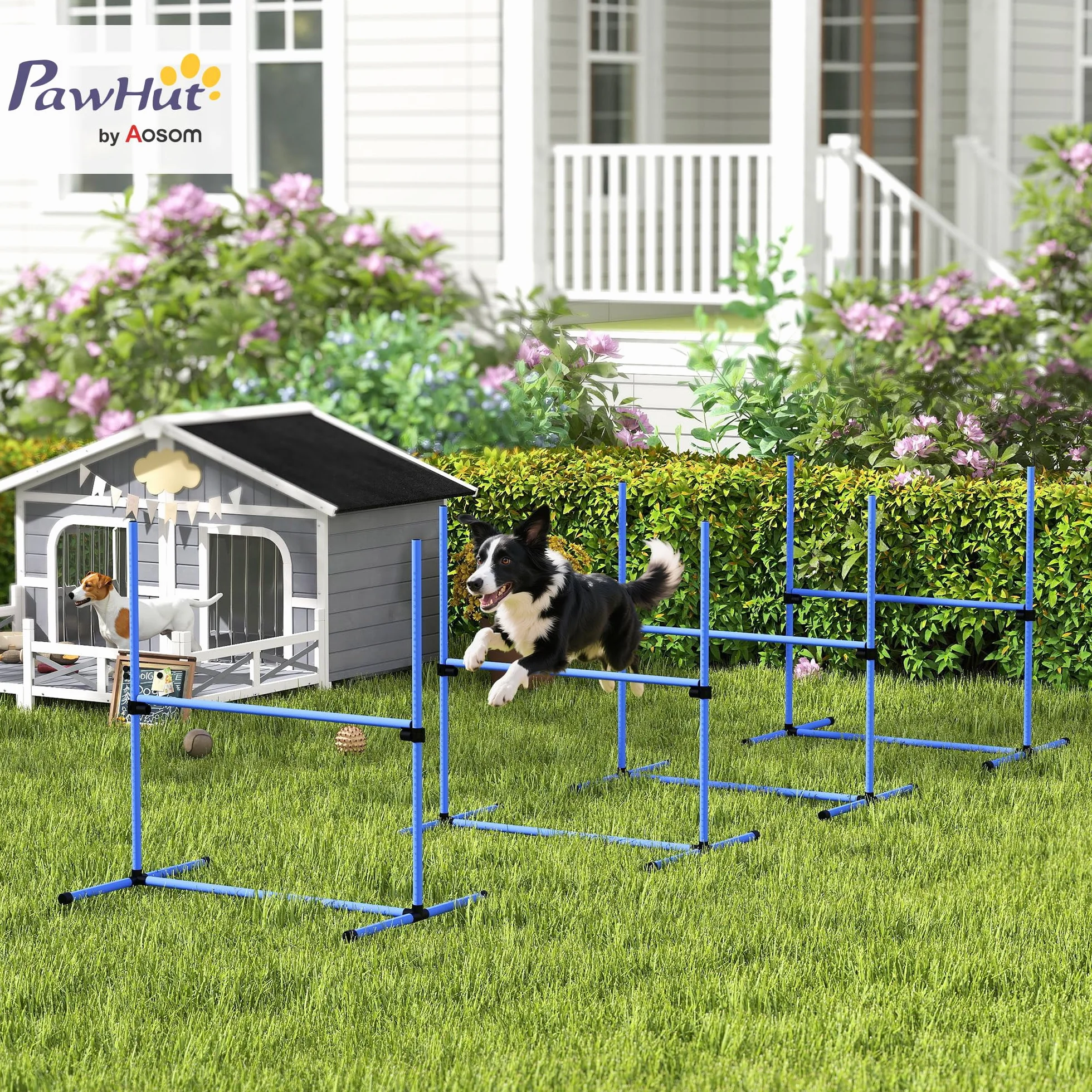 PawHut Zestaw Agility dla psów Zwinność Psów Kurs Zwinność Pies Zestaw 4 przeszkód zawodowych Regulowana wysokość z systemem podparcia podłogi 99 l x 65 l x 94H cm Dostarczona torba transportowa