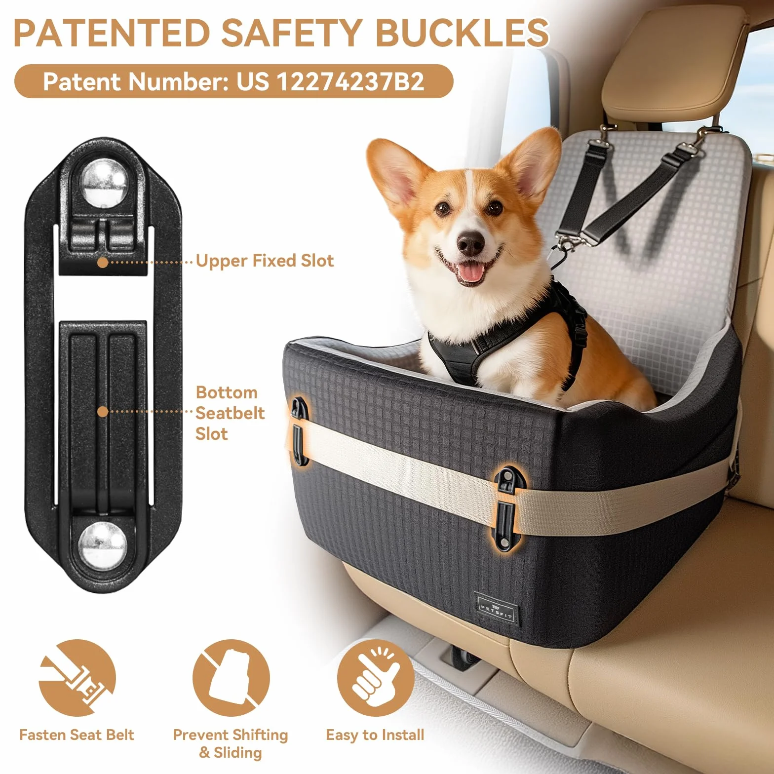 PETSFIT Podwyższony fotelik samochodowy dla małych/średnich psów o wadze do 15 kg – 15 cm, podwyższona poduszka obserwacyjna, smycz bezpieczeństwa 700N, antypoślizgowa podstawa, nadająca się do prania