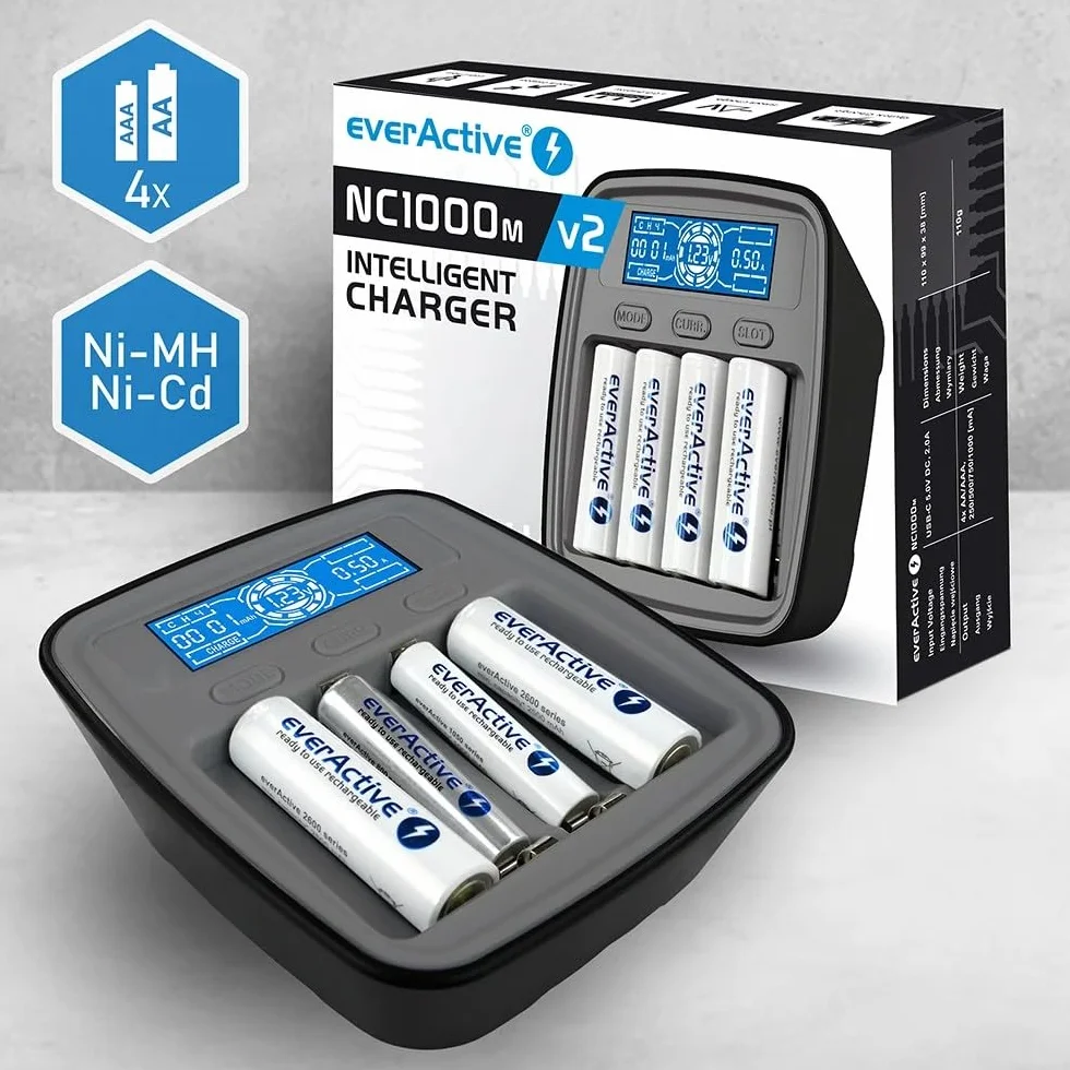 Inteligentna ładowarka do akumulatorów AAA/AA Ni-MH/Ni-Cd, LCD, USB-C, 4 sloty, tryby ładowania/rozładowania/testowania