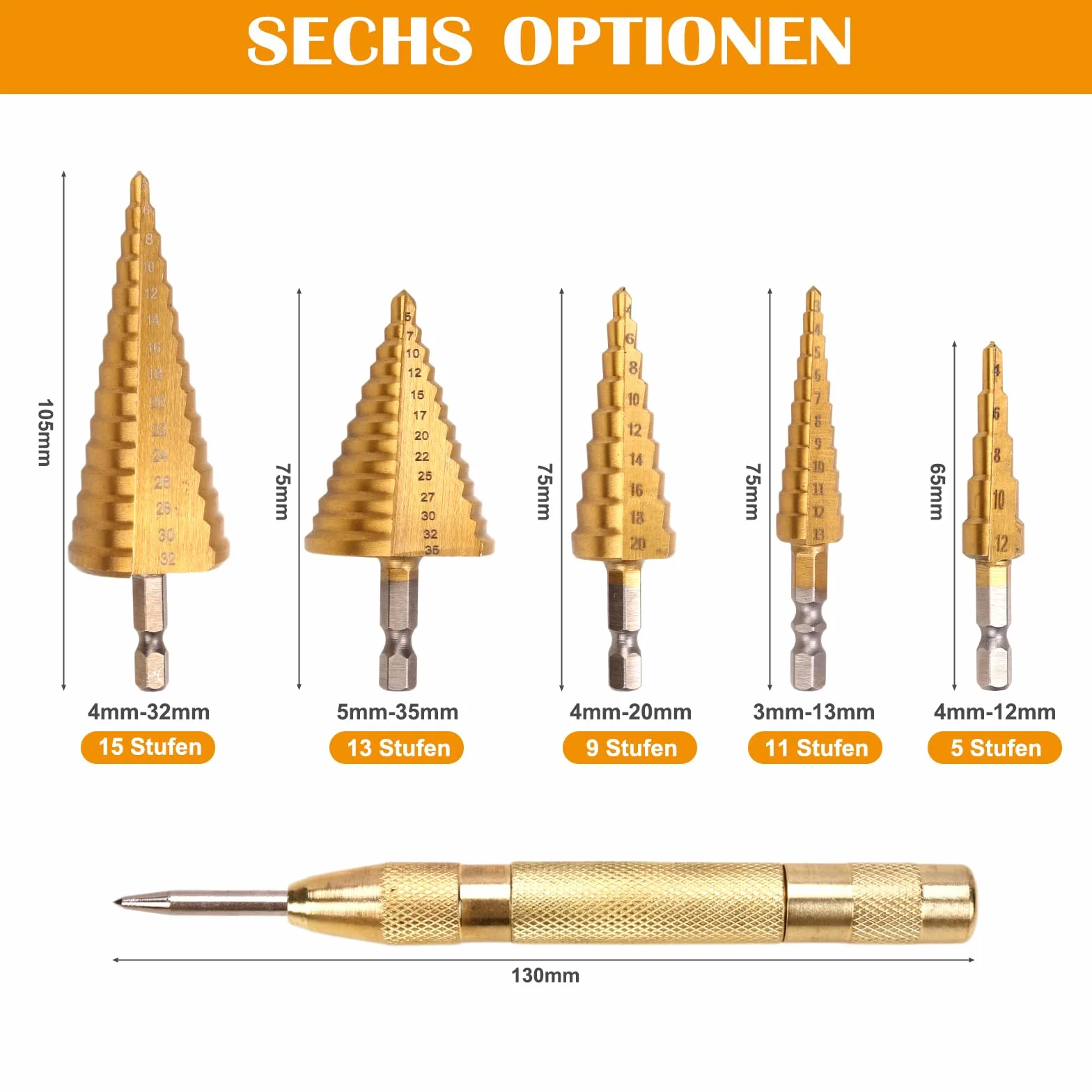HSS zestaw wierteł stopniowych, 6 szt. z rowkiem spiralnym, 5-częściowy zestaw wierteł stożkowych (4-12 mm/3-13 mm/4-20 mm/4-32 mm/5-35 mm) i 1 automatyczny stempel centralny 13 cm, powlekane