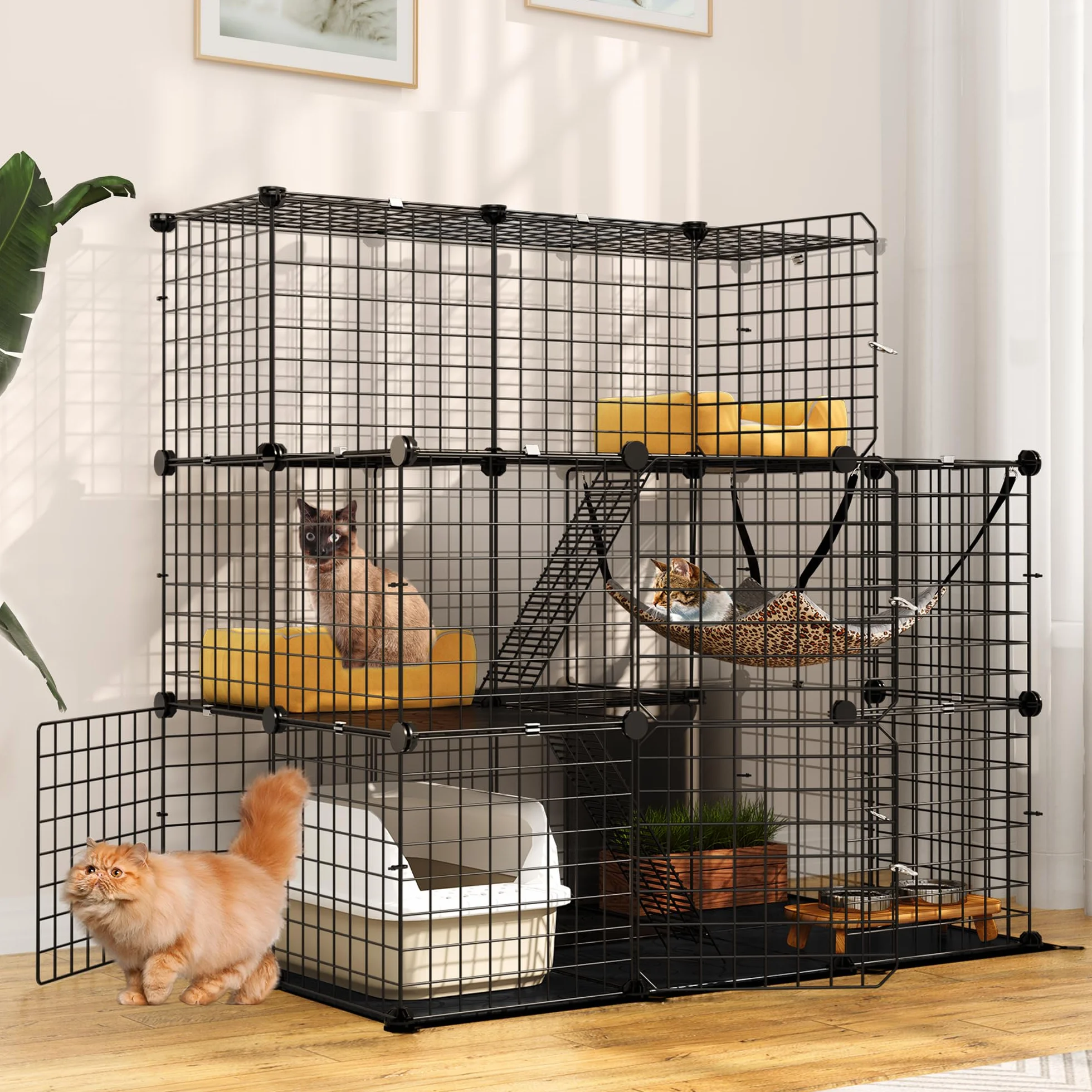 YITAHOME Duża klatka dla kota, wewnętrzna obudowa dla kota z balkonem, odpinana, 3-poziomowa, metalowa buda, kojec dla 1-3 kotów, 106 x 71 x 106 cm