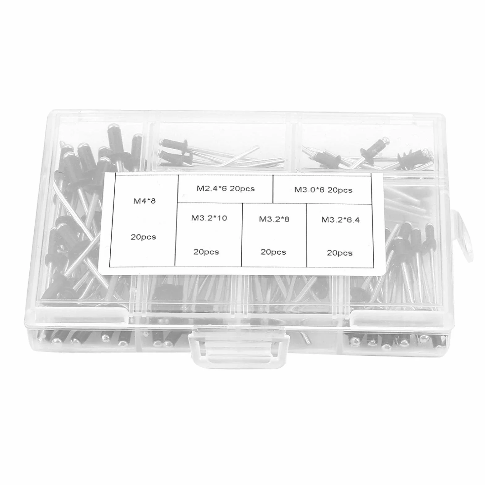 120 sztuk/zestaw M2.4 / M3.0 / M3.2 / M4 Czarne nity Nity POP Asortyment czarne Nity POP Nity zrywalne aluminium w pudełku, do nitownic pneumatycznych, nitownic elektrycznych