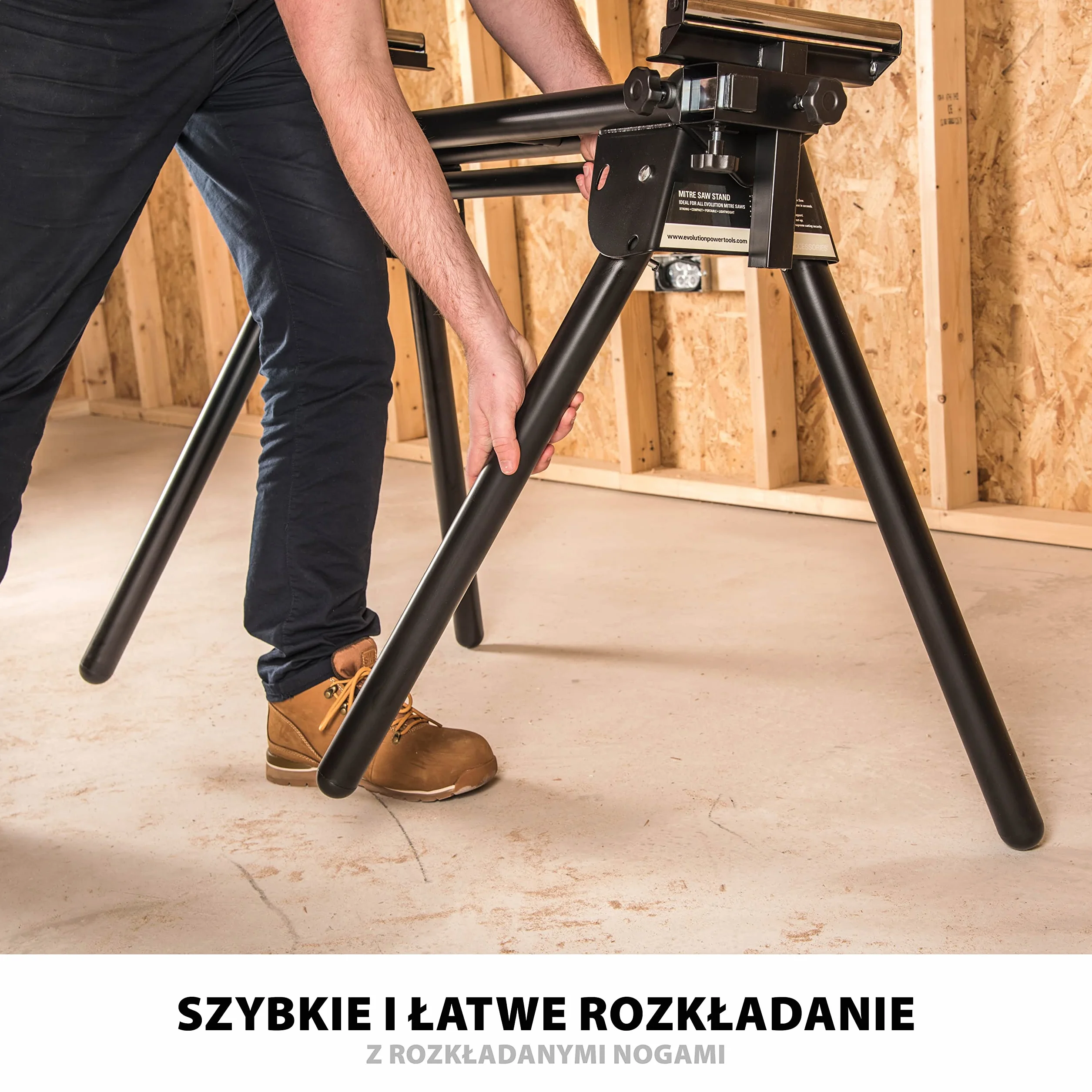 Evolution Power Tools Stojak do ukośnicy EVOMS1 – uniwersalny, kompaktowy, składany stojak z wysuwanymi ramionami. Pasuje do ukośnic Evolution, Makita, DeWalt, Bosch, Ryobi, Einhell i Metabo