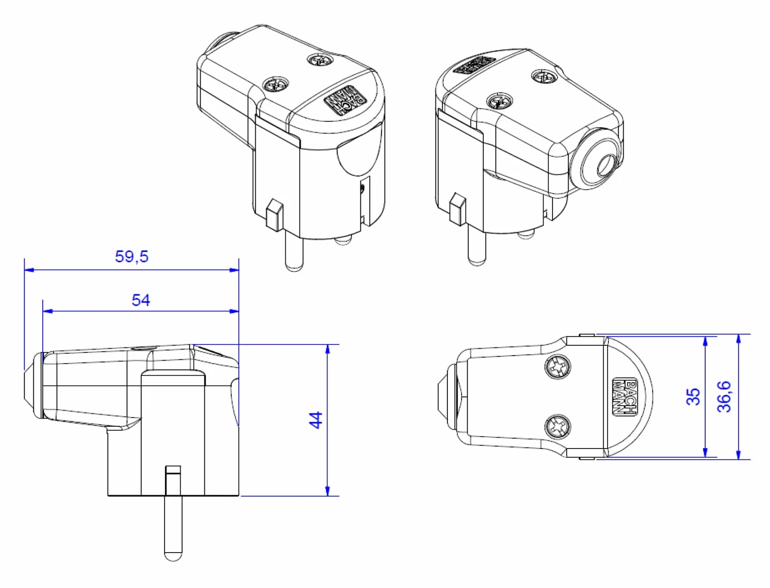 Bachmann 960.102 wtyczka kątowa z polipropylenu 250 V czarna IP20