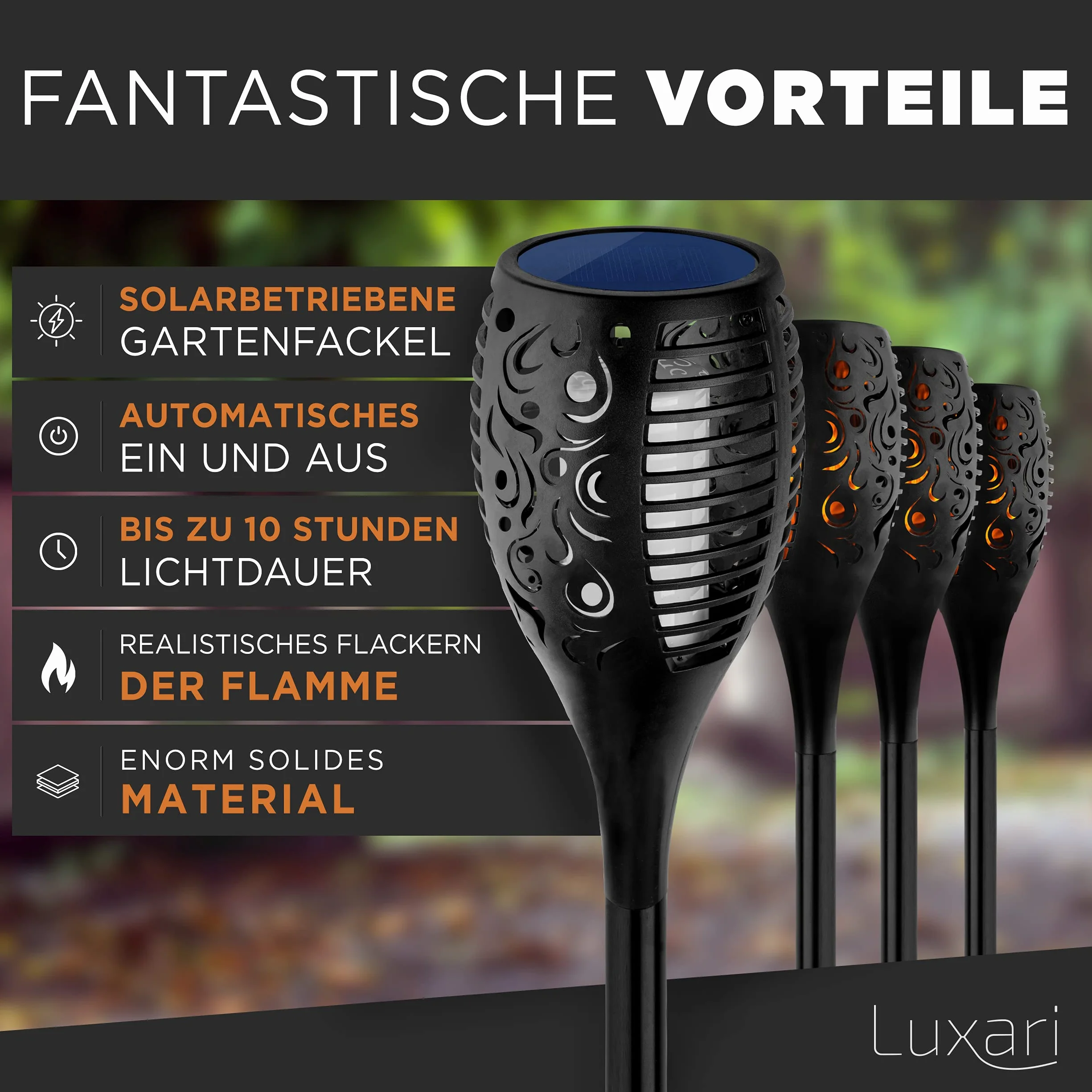 Solarna Latarka Ogrodowa - 4x Realistyczne Płomienie - Lampa na Zewnątrz - Wodoodporna i Automatyczna