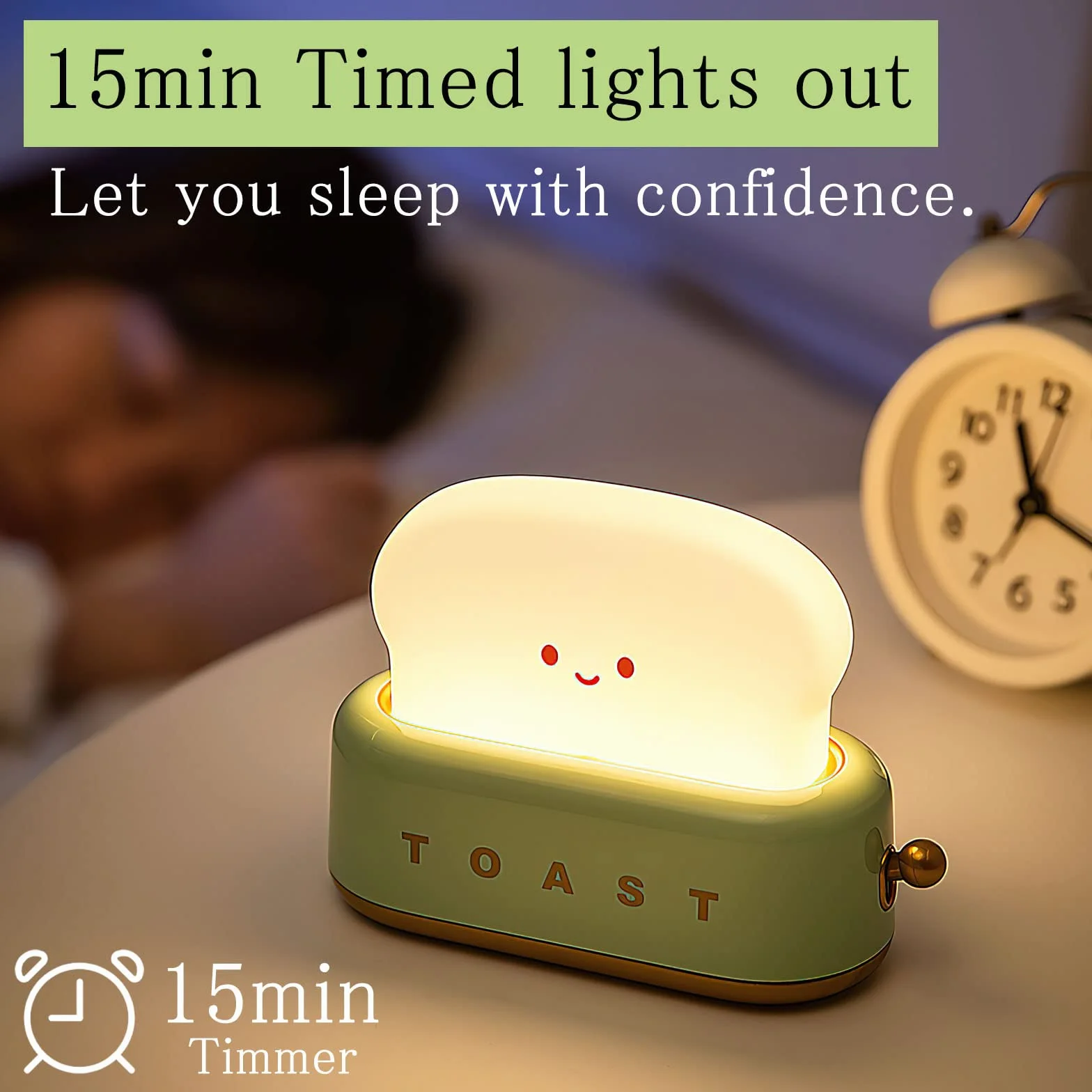 TNSLAND Toast Lampka Nocna dla Dzieci, Kawaii LED z Timerem, do Pokoju Dziecięcego, Ładowana przez USB, dla Niemowląt, do Karmienia, Uśmiech