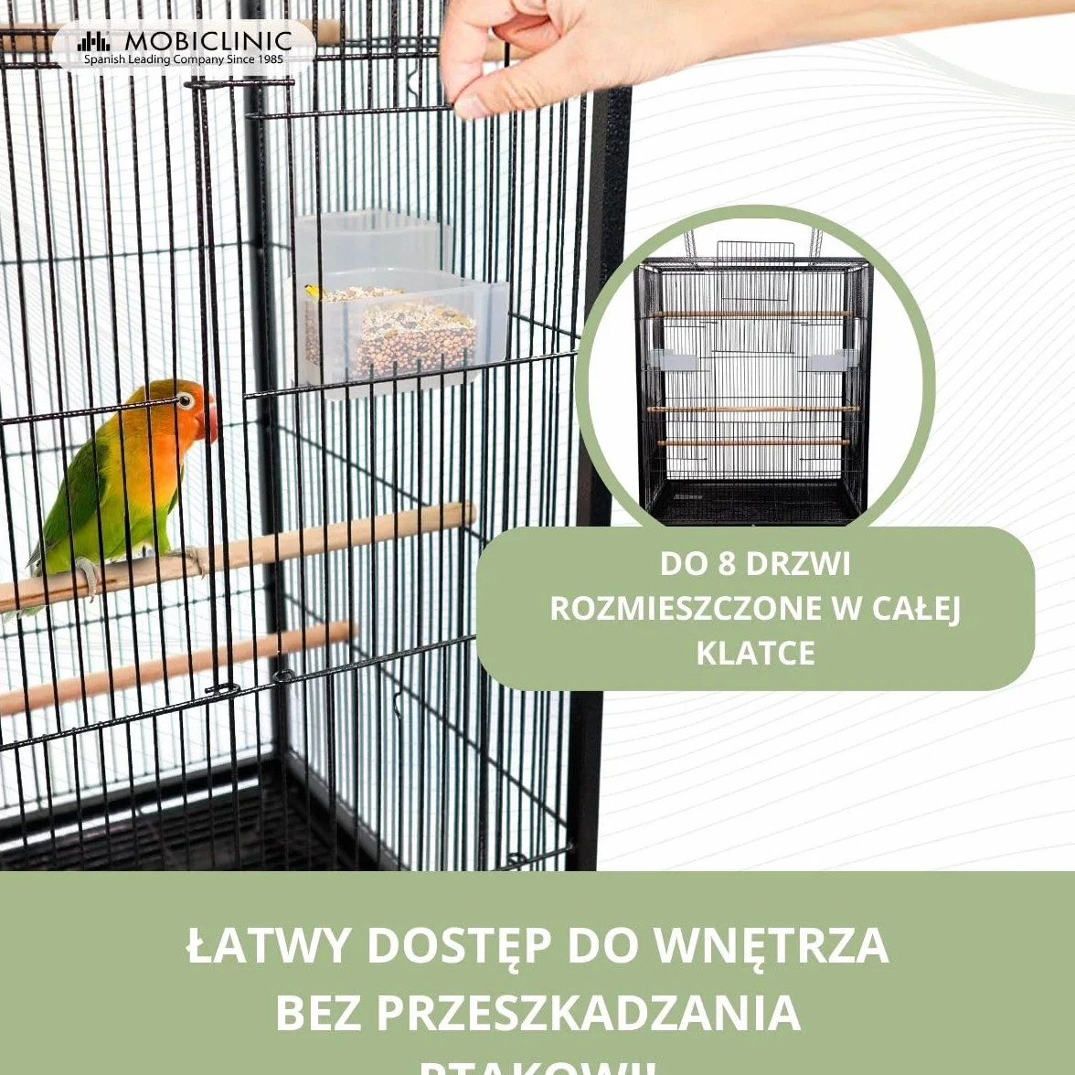 Mobiclinic® pets, Klatka dla ptaków, Nymph, Kółka transportowe, Hamulce, Otwieranie od góry, Wyjmowana taca, 8 drzwiczek, Duż rozmiar