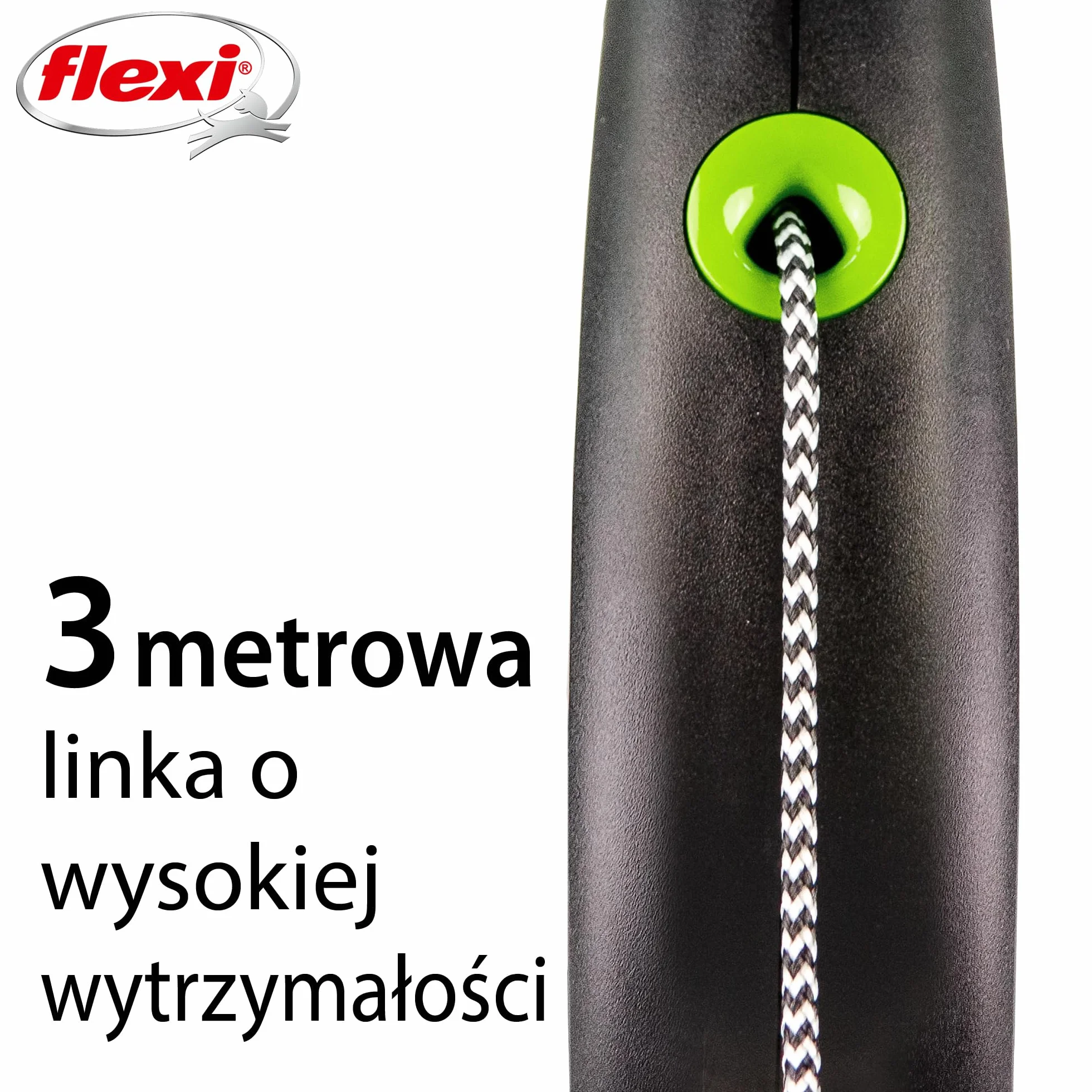 Flexi, model smyczy w kolorze czarnym, wersja ze sznurkiem, nowoczesny i ergonomiczny kształt, zaawansowany system prowadzenia, zwijana smycz, wyprodukowana w Niemczech, czarno-zielona, ​​XS - 3m