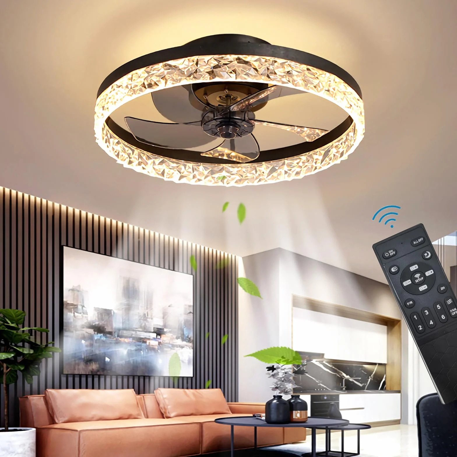 Cichy Wentylatory sufitowe z oświetleniem Pilot, Nowoczesne światła Lampa sufitowa z wentylatorem LED Lampa sufitowa z wentylatorem do Sypialni Salon, 6 prędkości (Czarny, 50CM)