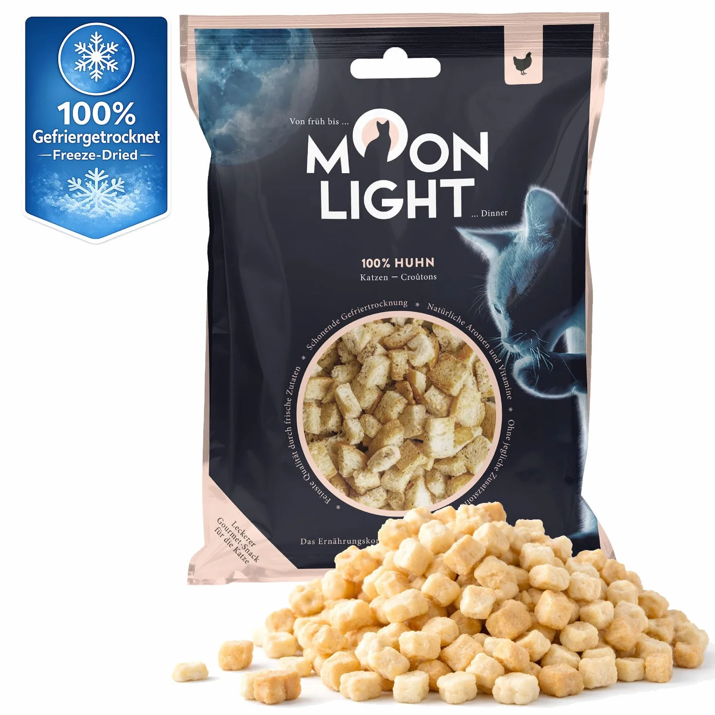 Moonlight grzanki dla kotów, 1 opakowanie – kurczak, liofilizowany, 100% kurczak, przekąska dla kota premium i polewy, chrupiące i czyste, bez zbóż i cukru