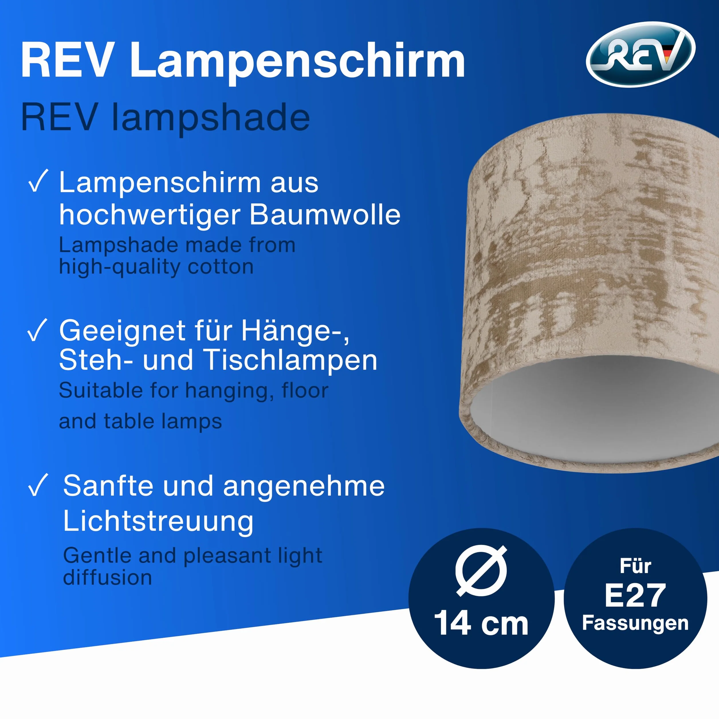 REV Klosz lampy - Zamienny klosz lampy okrągły w stylu vintage z wysokiej jakości bawełny, średnica 14 cm, do lampy wiszącej i lampy stołowej, oprawka E27, taupe