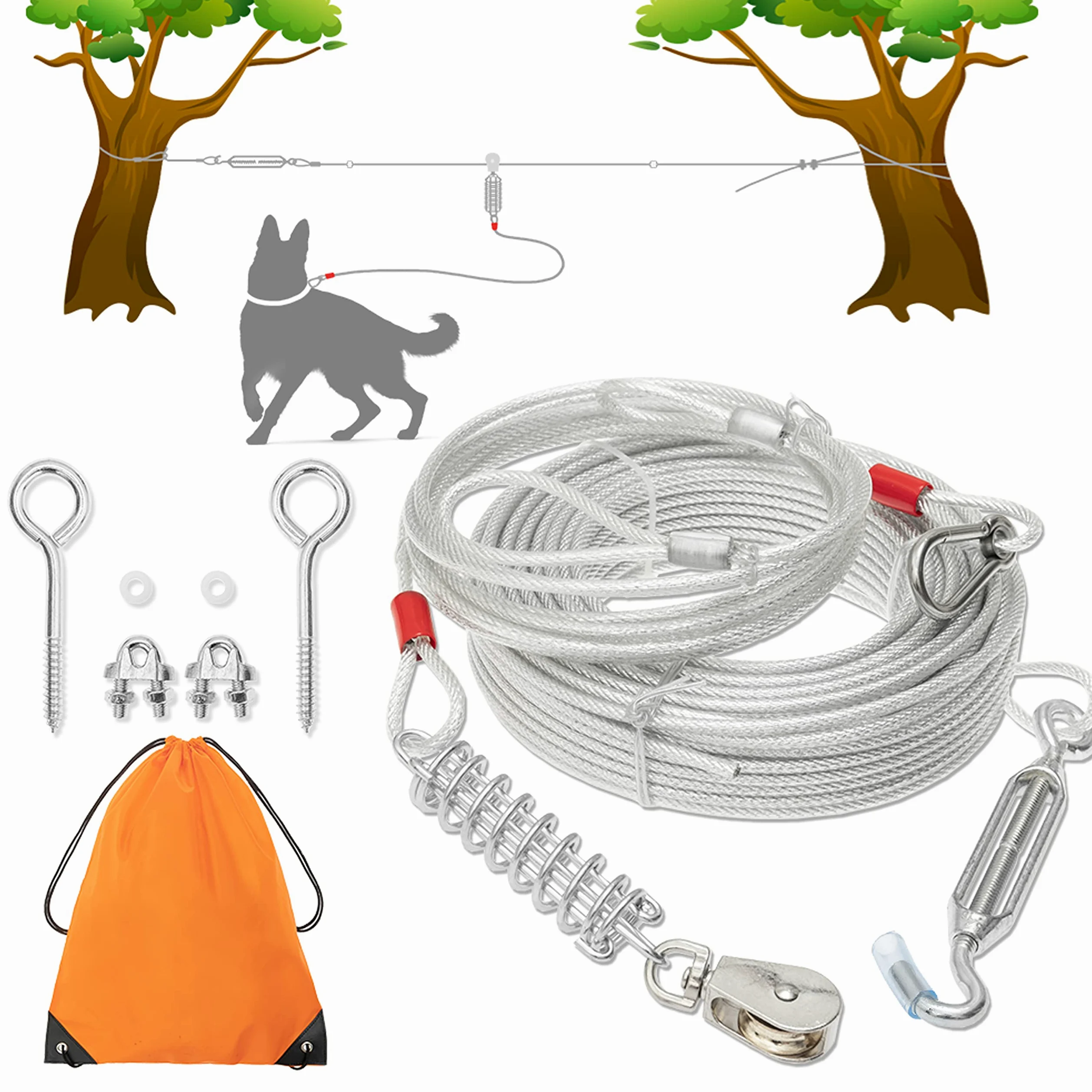 Kabel do wiązania dla psa, długość 30 m, kabel dla psa z kablem do biegania 3 m, do treningu na podwórku, biegania, biwakowania, wędrówek, na zewnątrz, wytrzymała smycz do żucia, ze sprężyną buforową dla małych, średnich i dużych psów