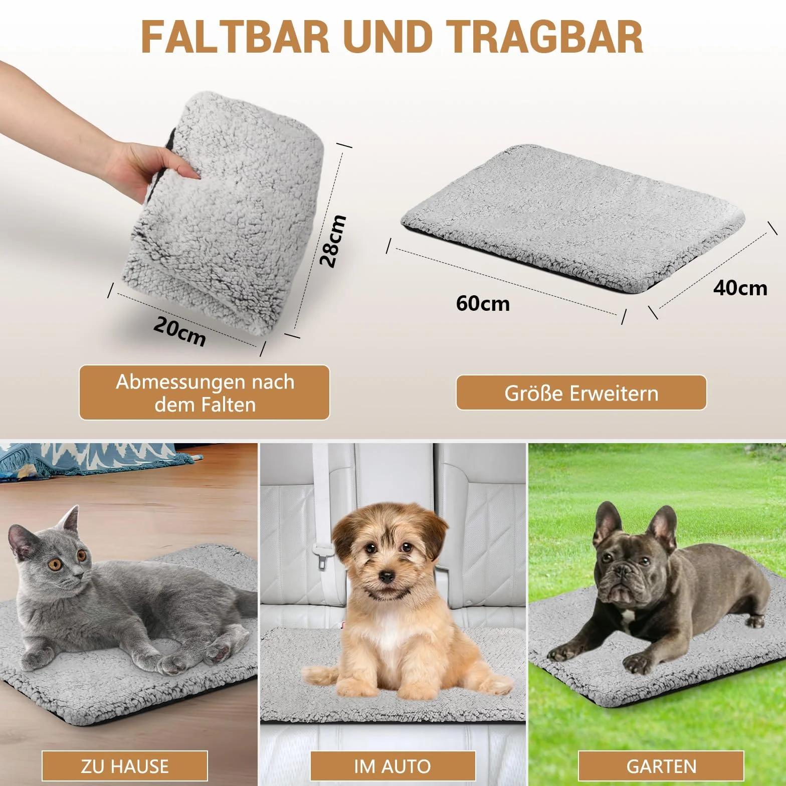 MOCOBO Samogrzewczy koc dla psów i kotów, 60 x 40 cm – koc termiczny nadaje się do prania, antypoślizgowy spód, kremowy