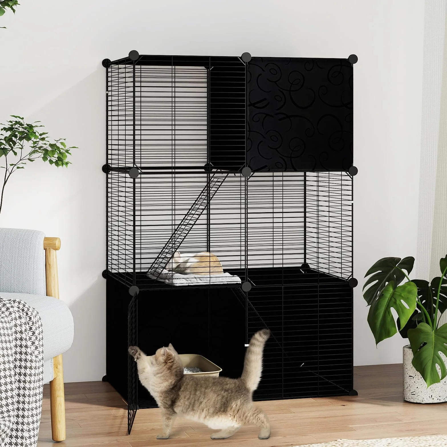 COSTWAY Klatka dla kotów, 3-poziomowa, ze zdejmowanym placem zabaw Catio i 2 rampami, "zrób to sam", metalowa klatka dla kotów, małych zwierząt, domek dla kotów na balkon, do wnętrz, 74 x 47 x 110 cm