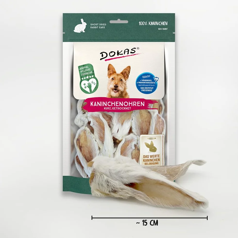 DOKAS Królicze uszy z futerkiem – naturalna przekąska premium bez zbóż, dla psów, w 100% z królika, krótka dla małych psów, 1 x 100 g