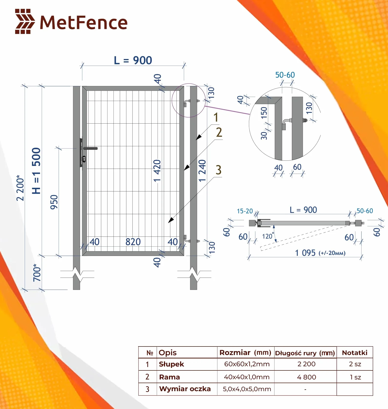 Furtka DUOS-BOX Ogrodzeniowa z Ocynkowanej Stali z Zamkiem i Uchwytem RAL 7016 ANTRACYT w Opakowaniu Rozmiar 1.50m / 0.90m Komórka 200 х 50mm Słupki Metalowe 2,2 m