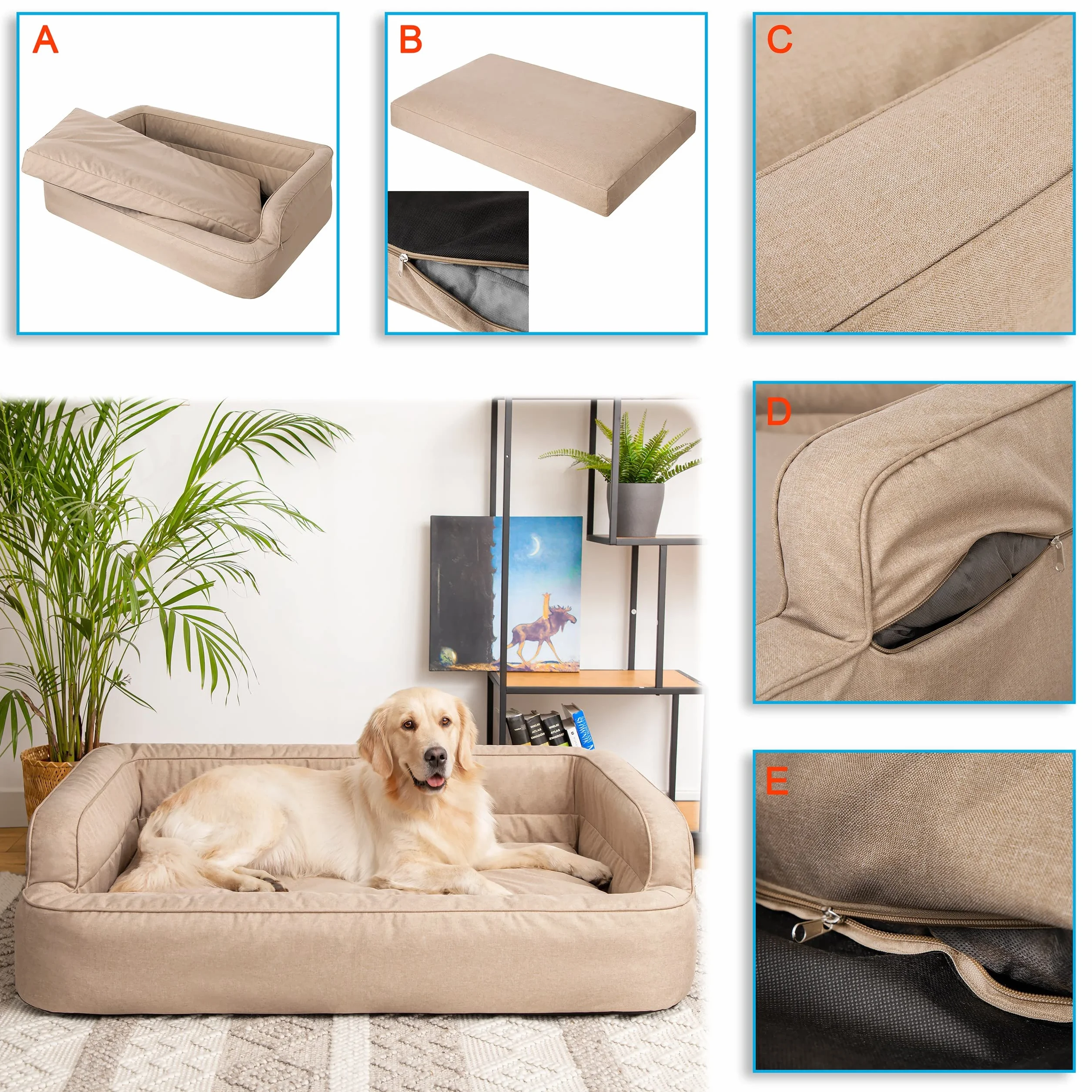 PillowPrim Legowisko dla Psa i Kota - Zdejmowana Poszewka, Poduszka, Miejsce do Spania, Sofa - Beżowe, XXL: 117 x 79 cm