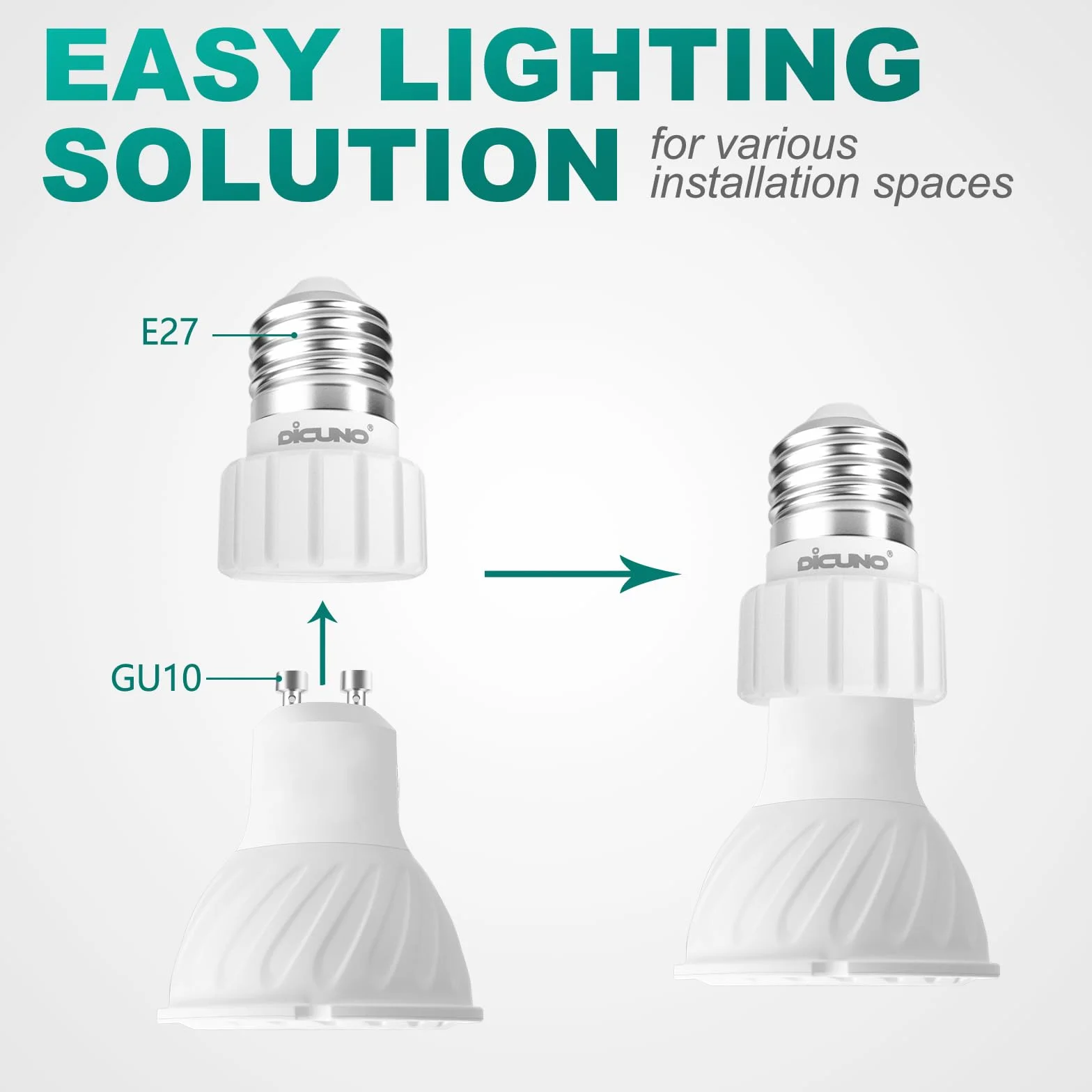 DiCUNO Konwerter gniazd E27 na GU10 / śruba Edisona E27 na GU10 adapter do żarówek LED maksymalna moc 200 W maksymalne napięcie 250 V 2-pak [klasa energetyczna A++]