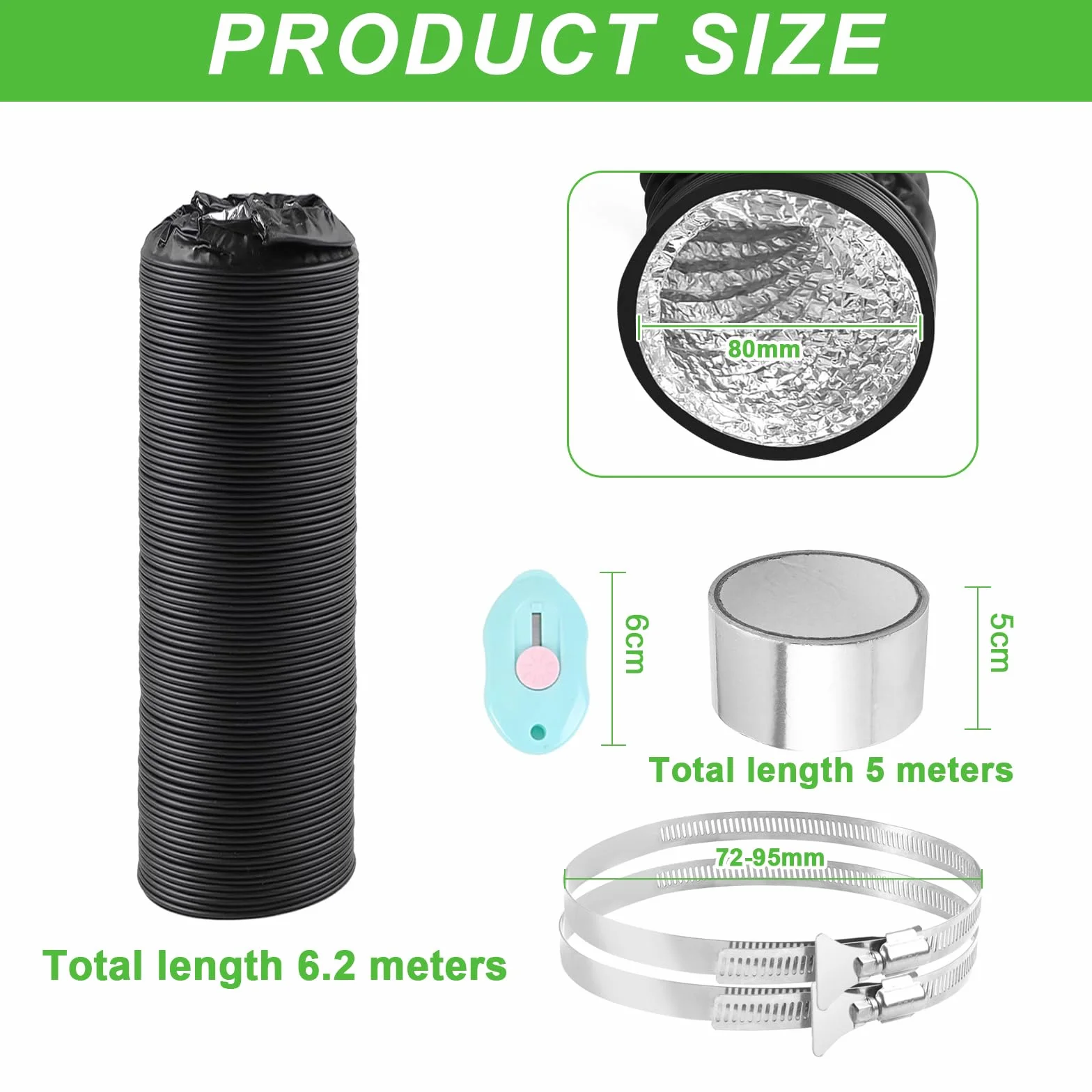 Wąż powietrza wylotowego 80 mm 6 m PCW aluminiowy z obejmami ze stali nierdzewnej