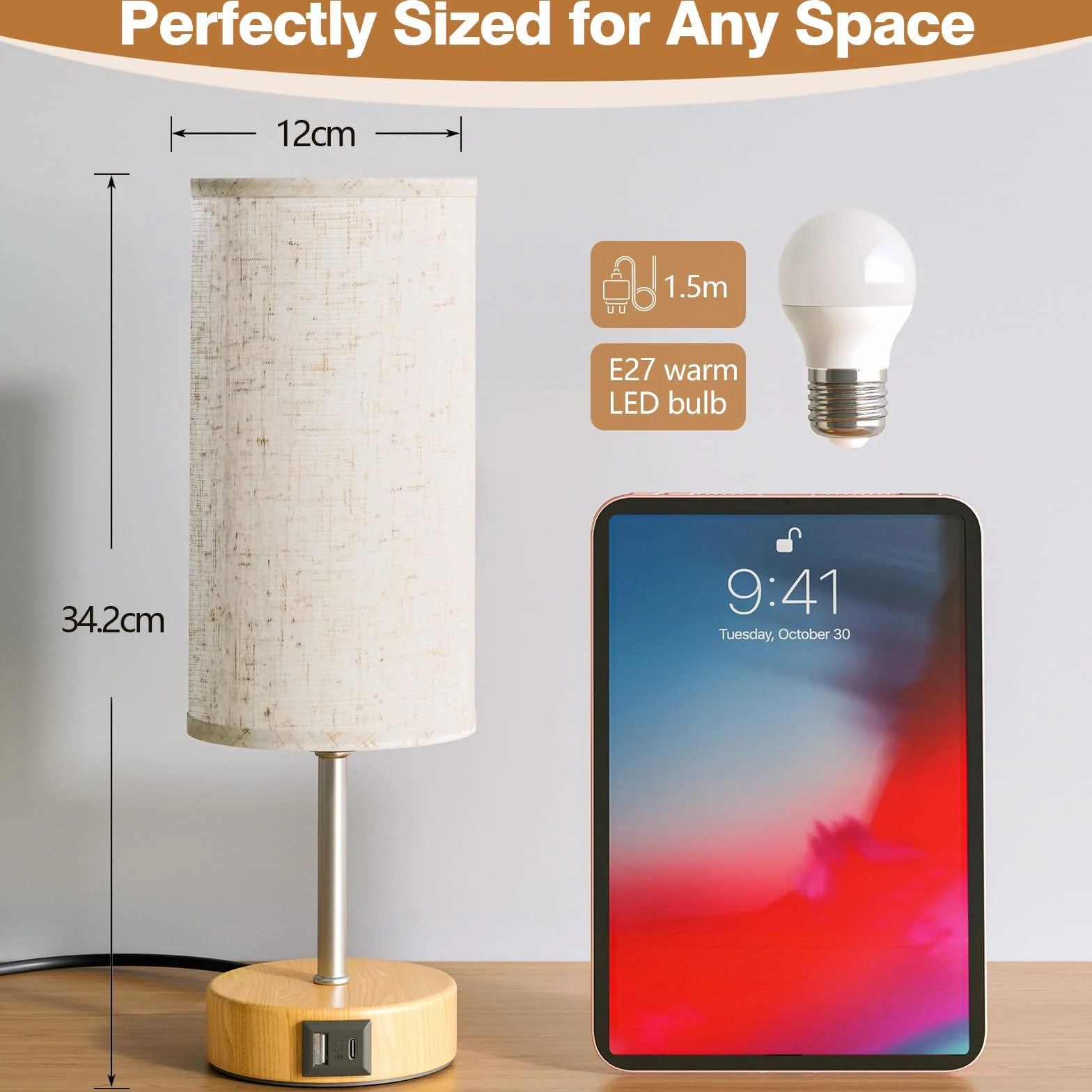 Lampka nocna z funkcją ładowania przez porty USB A i USB-C, dotykowa lampka nocna, ściemniana, 3 stopnie ciepłego światła, do sypialni i salonu, przewód zasilający 1,5 m (żarówka E27 w