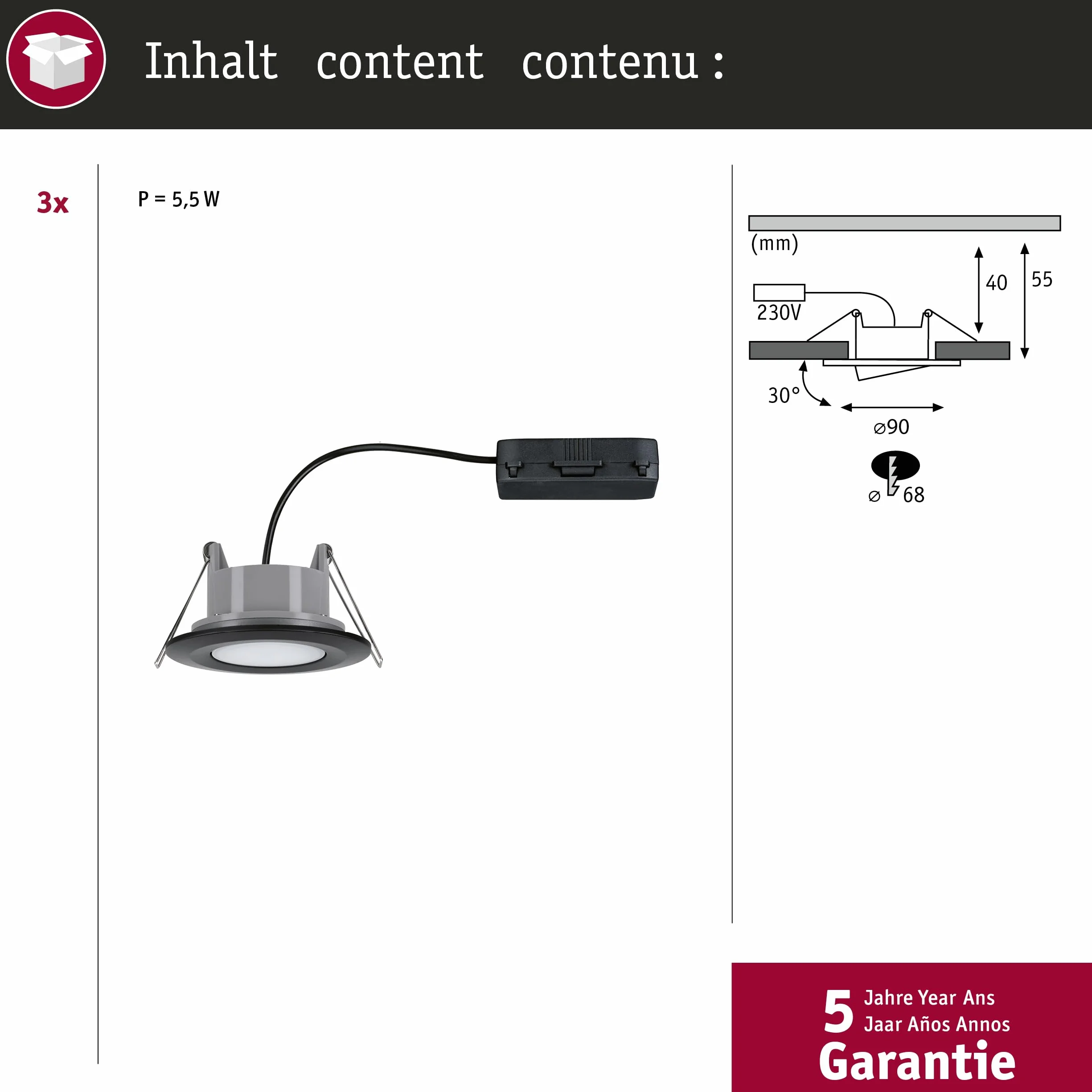 Paulmann 93096 LED oprawa wpuszczana Calla zestaw 3 szt. wychylne IP65 90mm 30° 3x550lm White Switch w zestawie 3x5 W czarny matowy tworz. szt. 3000 K