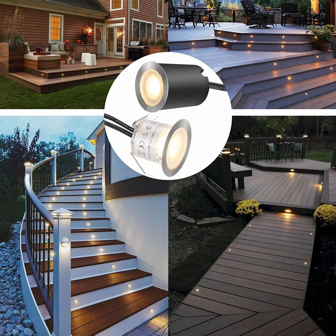 SMY Zestaw 10 sztuk wpuszczanych reflektorów LED, wodoszczelność IP67, Ø 32 mm, zewnętrzne reflektory wpuszczane na taras, drewno, basen, ogród, drewniane schody (z wtyczką UE) (10 diod LED, ciepła