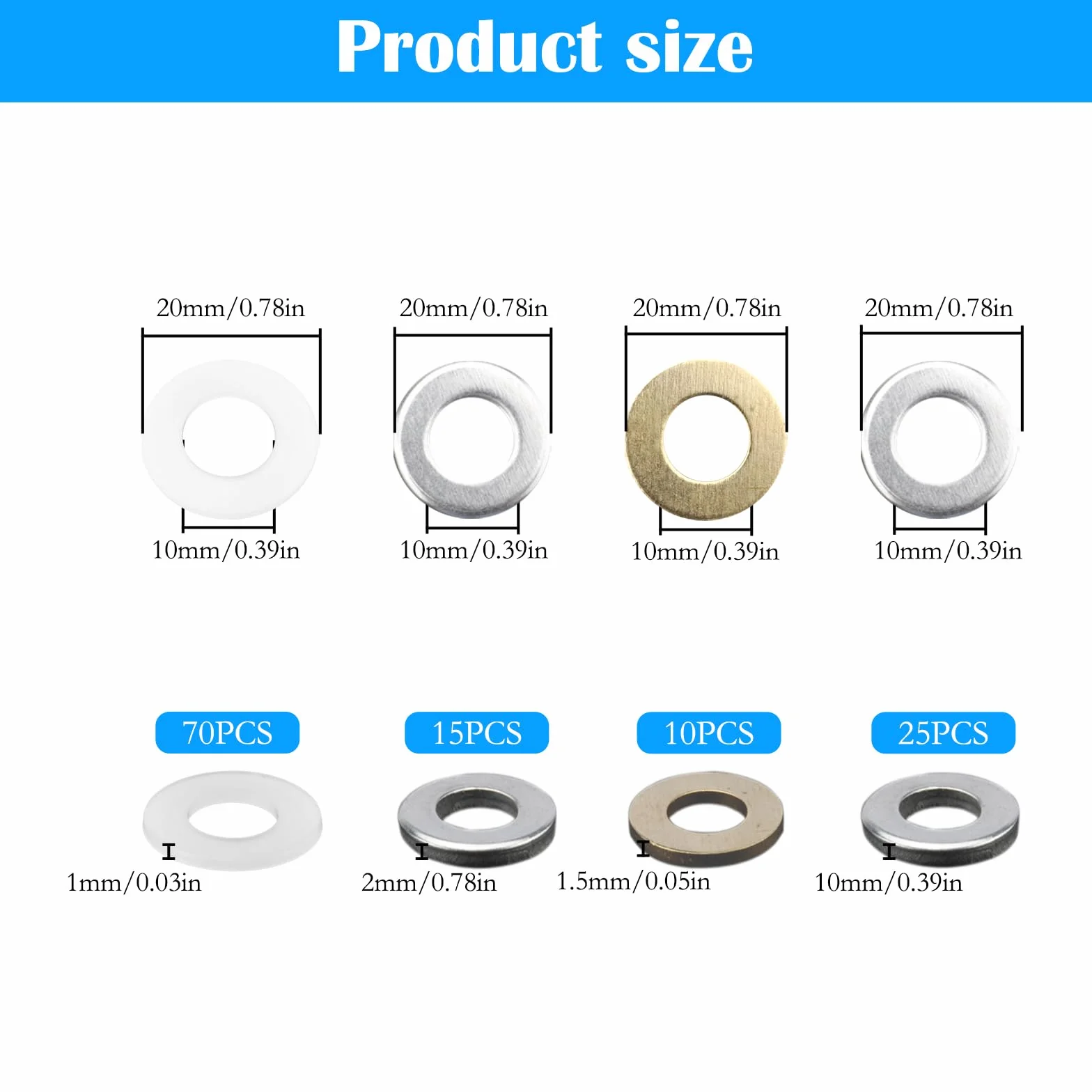 TNSLAND Zestaw 120 sztuk pierścieni mocujących, podkładki pod drzwi Ø 10 x 20 x 1 mm Ø 10 x 20 x 2 mm / Ø 10 x 20 x 1,5 mm, lity mosiądz, ocynkowane, pierścienie montażowe z tworzywa sztucznego, bez