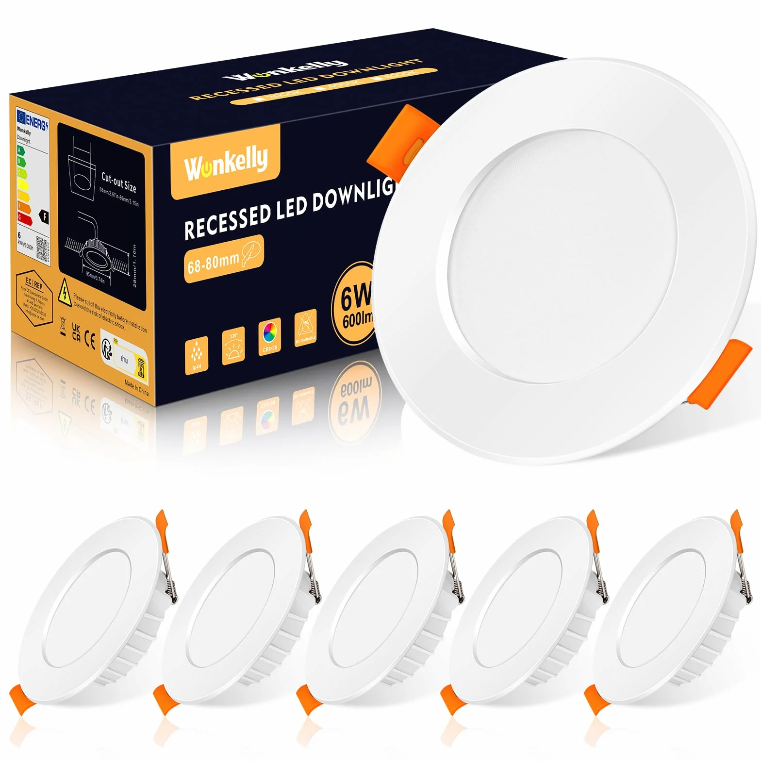 Reflektor LED do zabudowy 230 V, 6 W, płaski reflektor sufitowy, IP44, neutralna biel 4000 K, 600 lm, 68-80 mm Ø do zabudowy, do łazienki, kuchni, salonu, korytarza, zestaw 6 sztuk