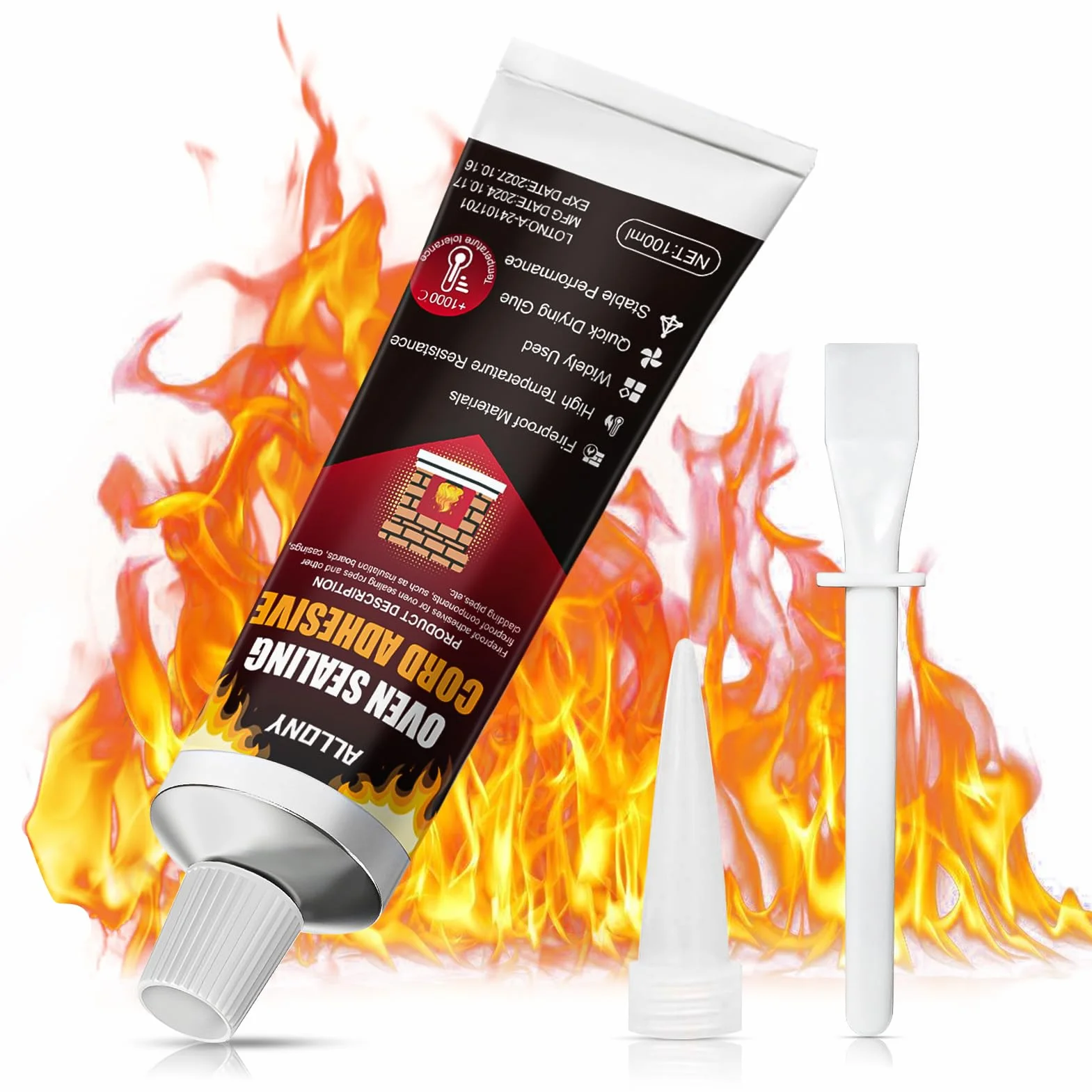 ALLONY Szpachlówka ogniotrwała 100 ml, klej o wysokiej temperaturze, silikon o wysokiej temperaturze, wytrzymuje do 1000°C, ogniotrwały do kuchenek, kominków, pieców, kotłów grzewczych