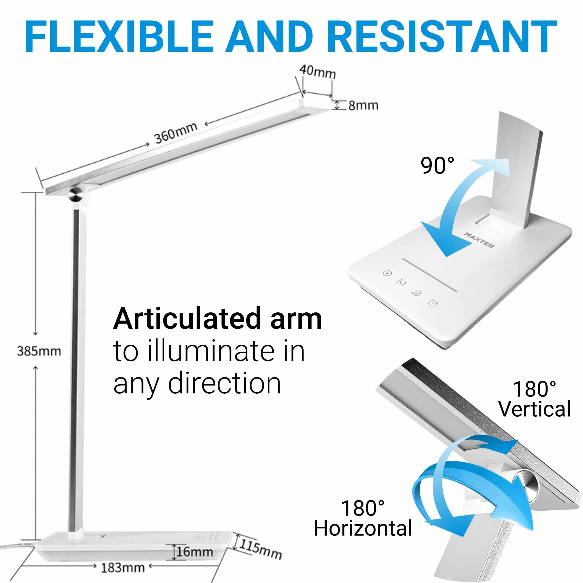 Maxter Potężna lampa biurkowa LED - akumulatorowa lampka nocna do czytania (6 W, 550 lumenów, port USB, 5 poziomów jasności i 5 kolorów, timer 30 min, tryb odtwarzania)