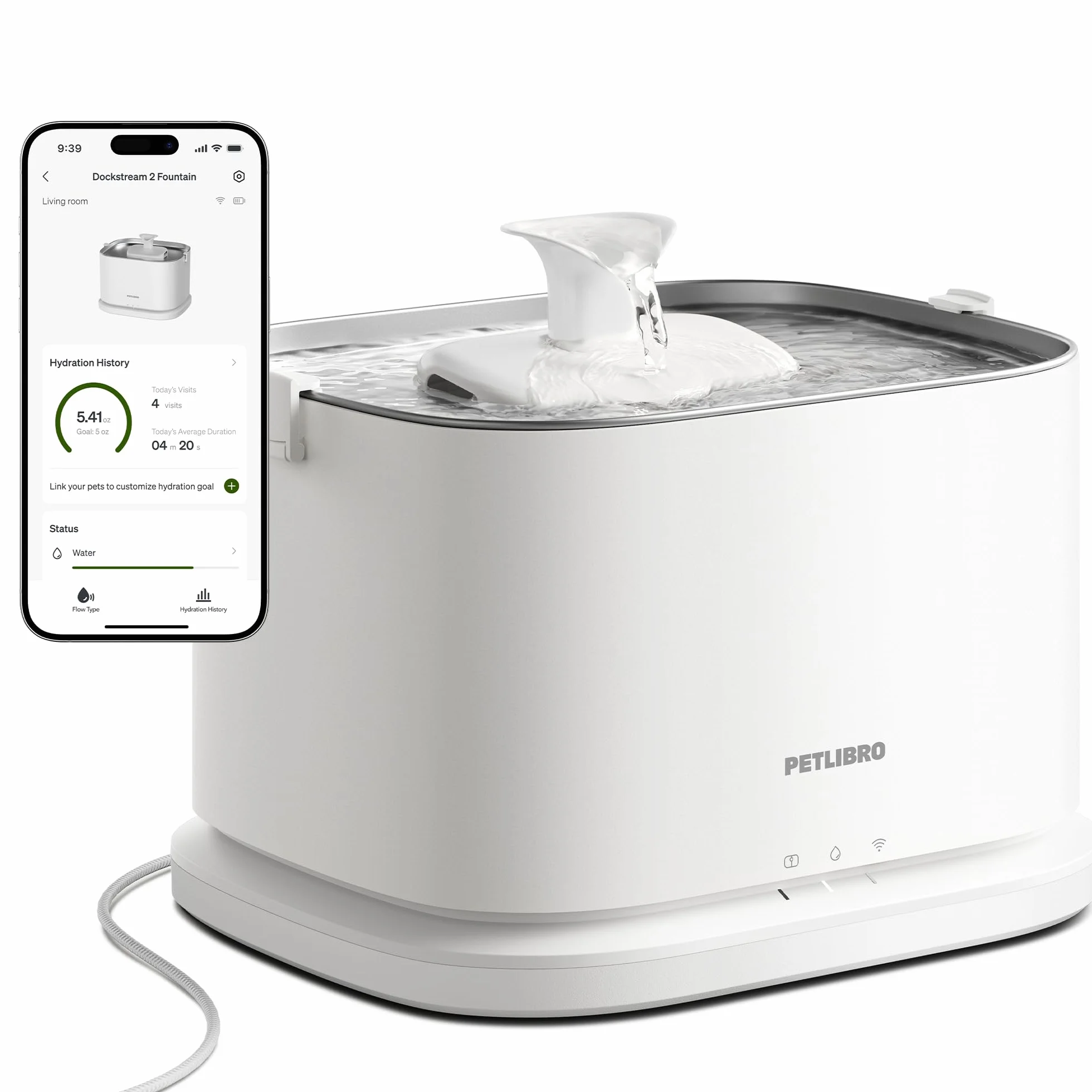 PETLIBRO Ulepszona fontanna dla kotów, inteligentna fontanna z aplikacją Dockstream 2 i monitorowaniem, 3L, stalowa miska na wodę dla kotów do picia w pomieszczeniach, 5G WiFi, fontanna dla psa, biały