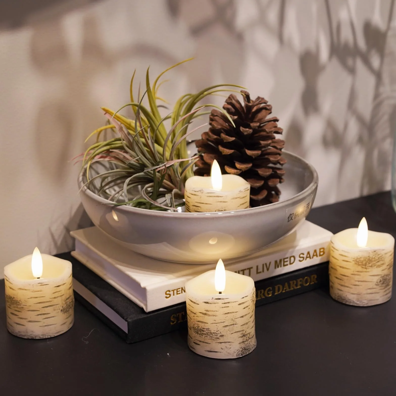 Świeczki LED imitujące białą brzozę z timerem, prawdziwy wosk, bateriowe, średnica 5cm