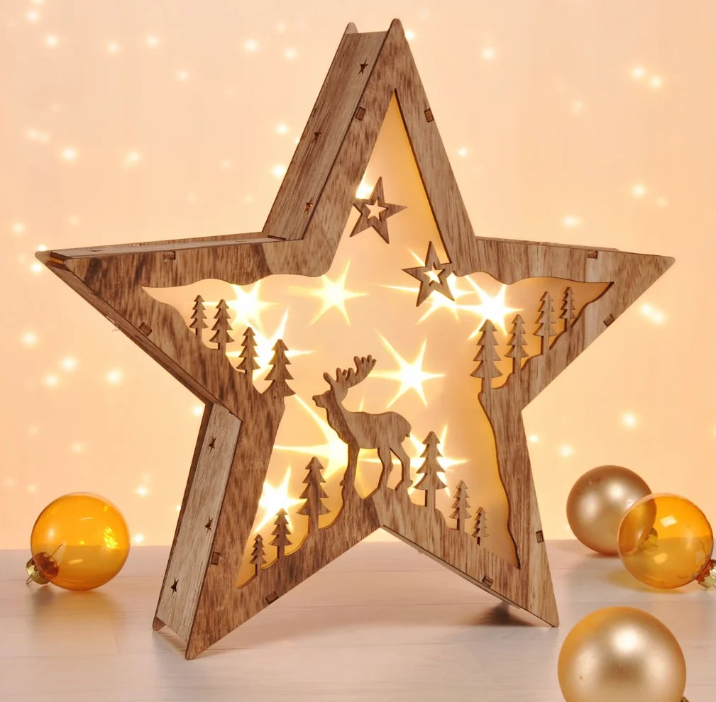 Dekoracyjna gwiazda LED z drewna, 30 cm, renifer, dekoracyjny stojak, ciepła biel, podświetlany, na Boże Narodzenie, adwent, zima, gwiazda, dekoracja stołu, oświetlenie na baterie