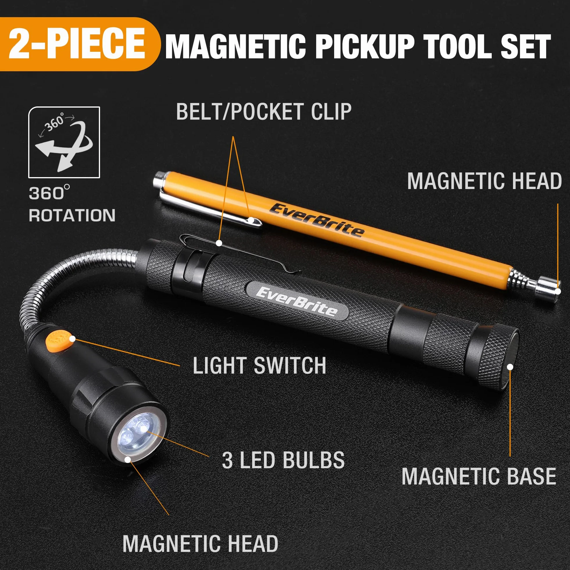 EverBrite Prezenty dla mężczyzn, latarka LED, 2 sztuki, małe prezenty dla mężczyzn, ojca, uchwyt magnetyczny, elastyczny chwytak pazurów z mocnym prętem magnetycznym