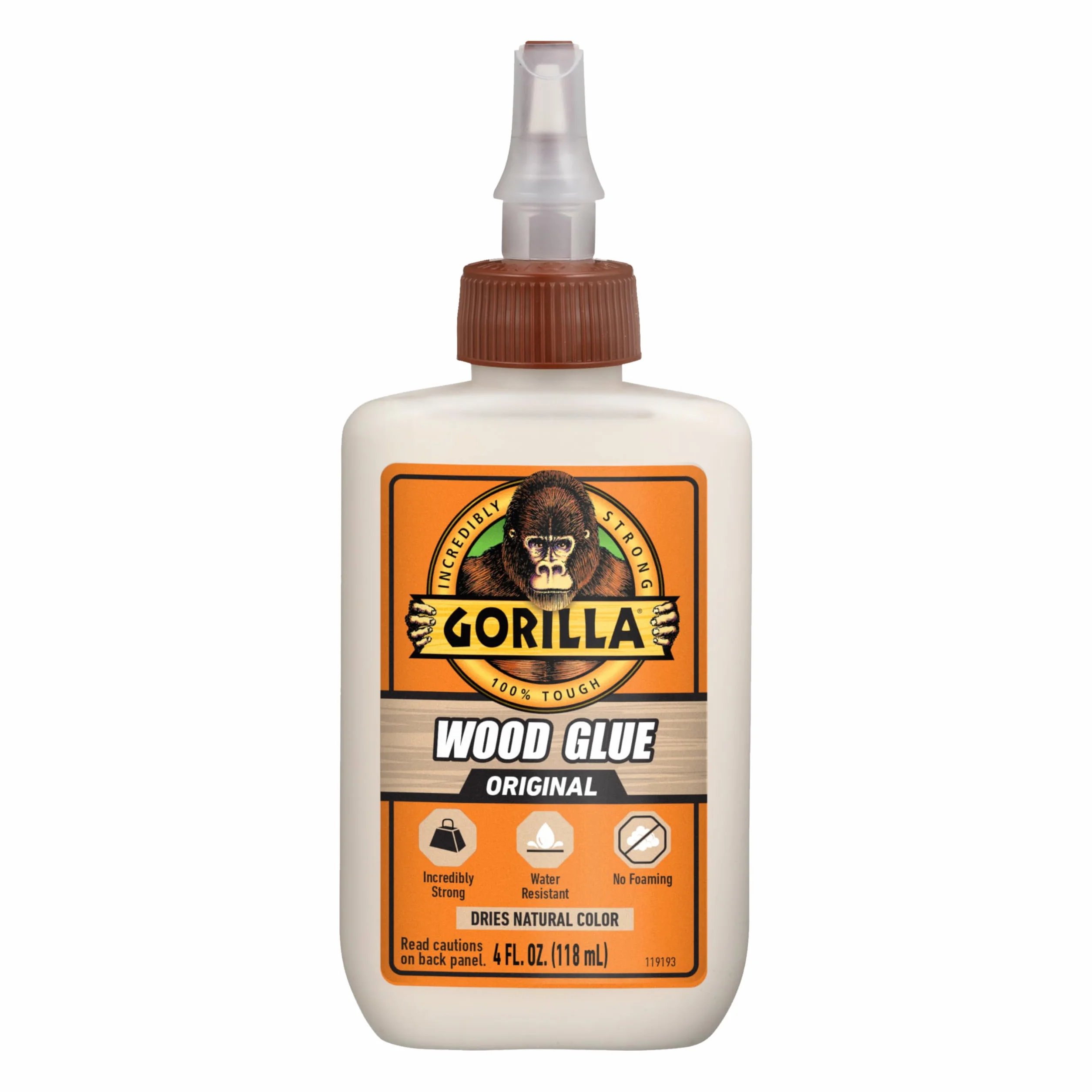 Gorilla Klej do drewna, projekty stolarskie do wnętrz i na zewnątrz, do malowania, szlifowania, odporny na wilgoć, zaciskowy, naturalny kolor, 118 ml (opakowanie 1), 6212001