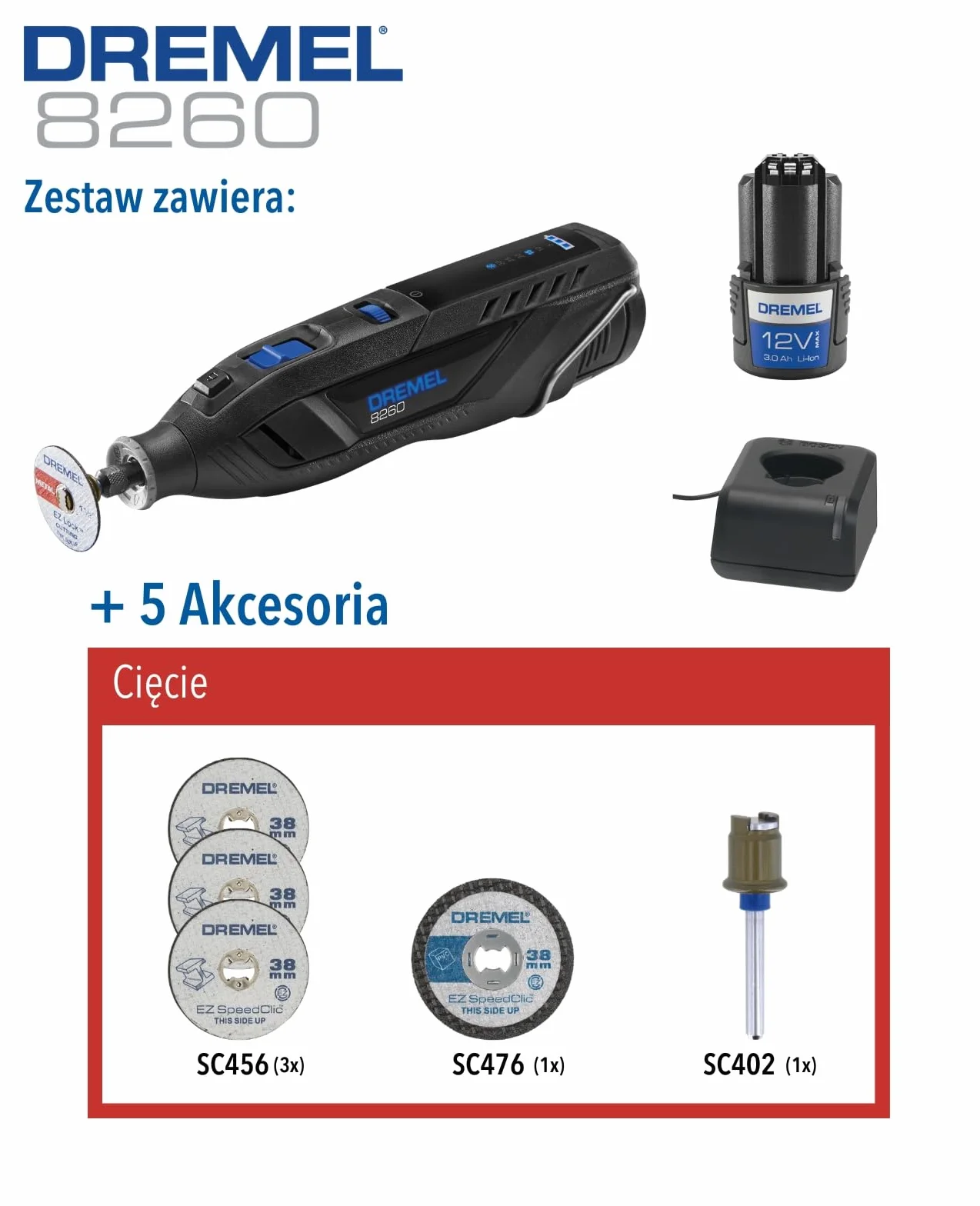 Dremel 8260, Akumulatorowe narzędzie wysokoobrotowe z silnikiem bezszczotkowym i aku. litowo-jonowym 12V 3Ah, zestaw z 5 akcesoriami, regulacja prędkości 5 000 – 30 000 obr./min