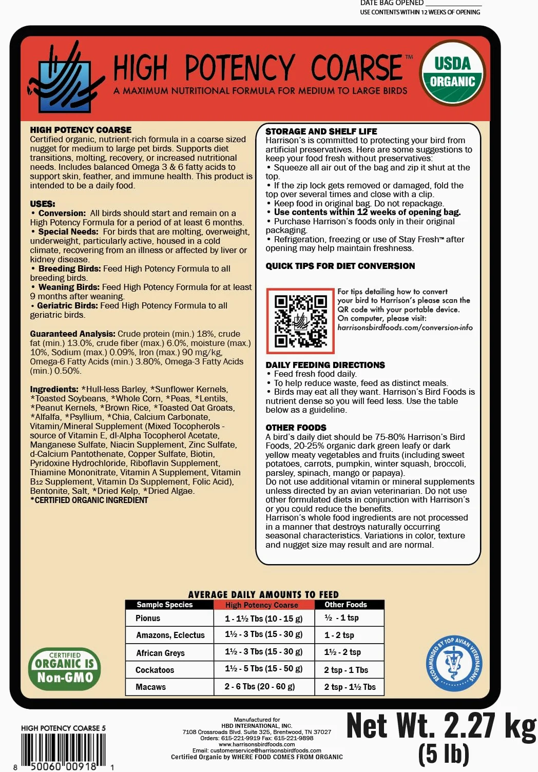 Harrisons High Potency Coarse Grosses Graines Vitaminées pour Oiseau 2.26kg