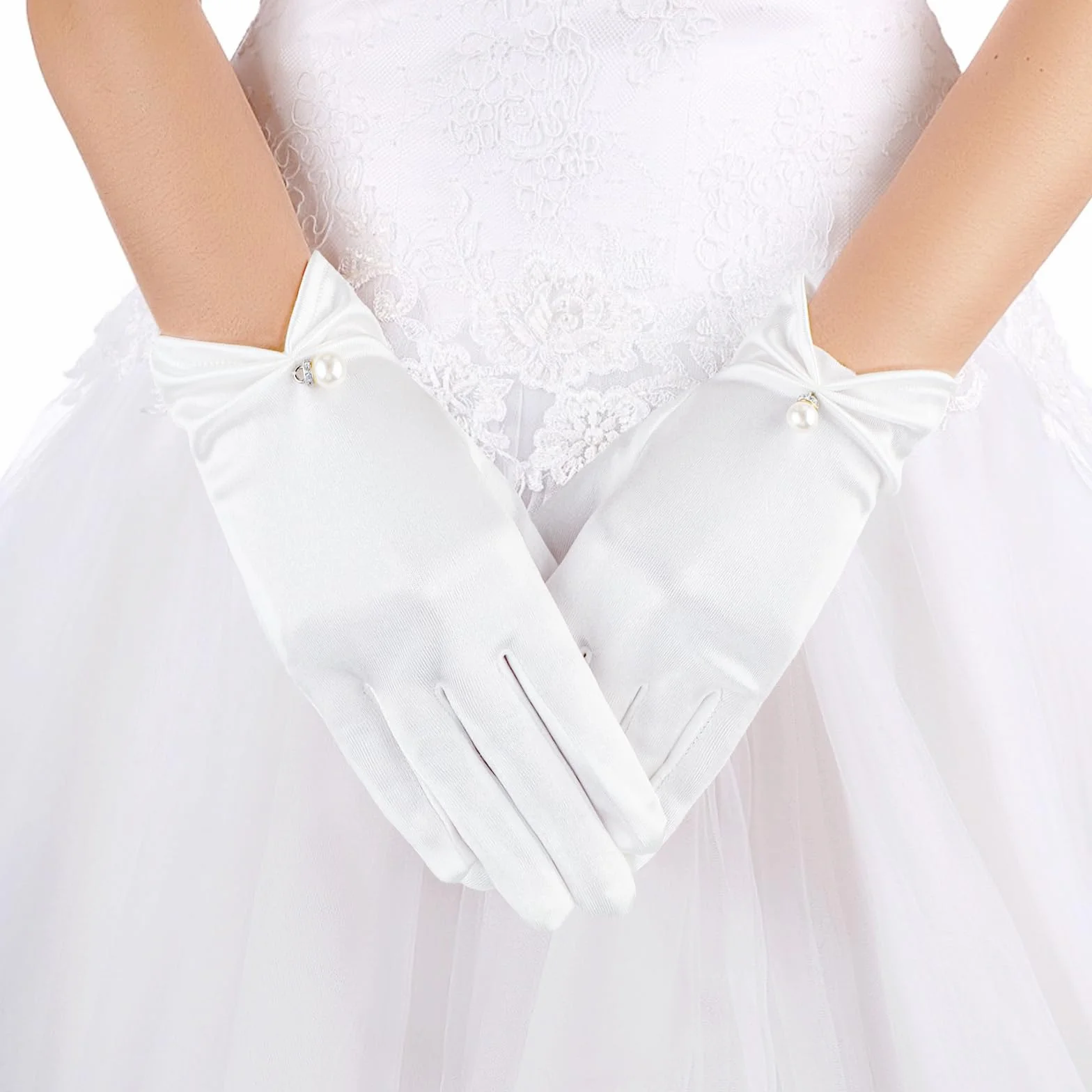 TIESOME Krótkie satynowe rękawiczki dla panny młodej – białe eleganckie kwiaty koronkowe uprzejmość lato wesele opera kolacja rękawiczki